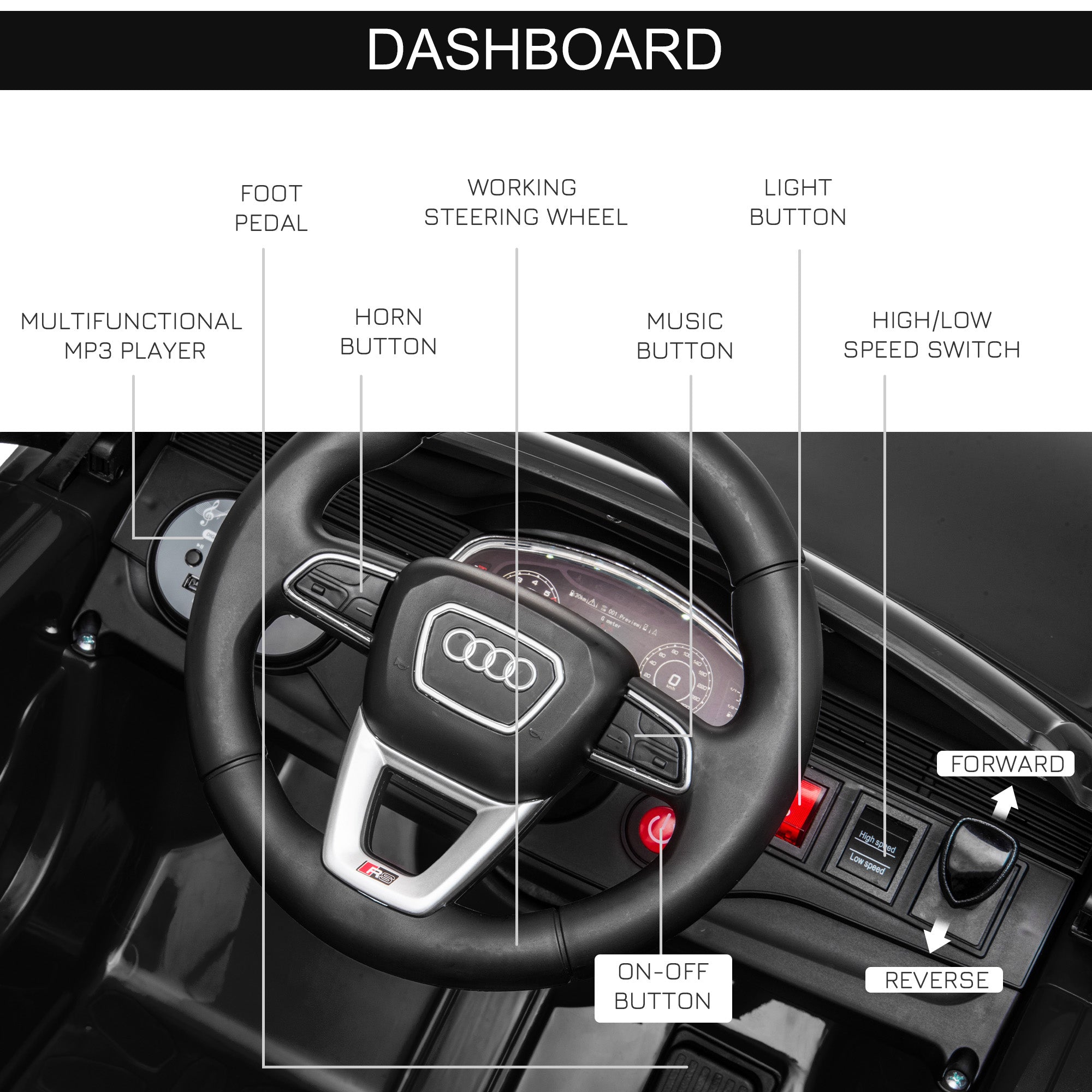 HOMCOM Audi RS Q8 Licensed 6V Kids Electric Ride On Car Toy Car with Remote Control Music Lights USB MP3 for 3-5 Years Old Black - North Peak Garden Furniture