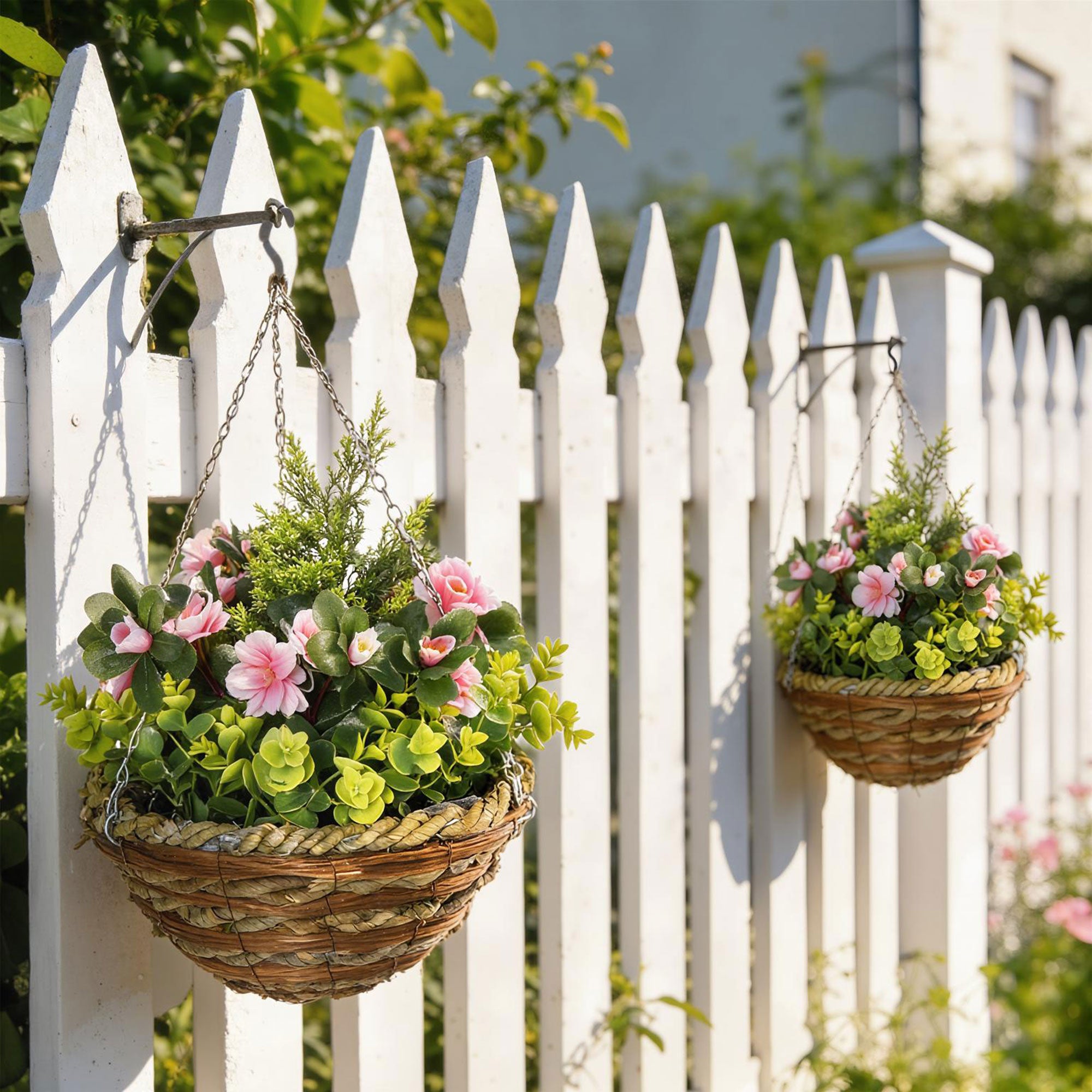 Outsunny Pack of 2 Faux Plant Artificial Lisianthus Flowers Hanging Planter with Basket for Indoor Outdoor Decoration, Pink
