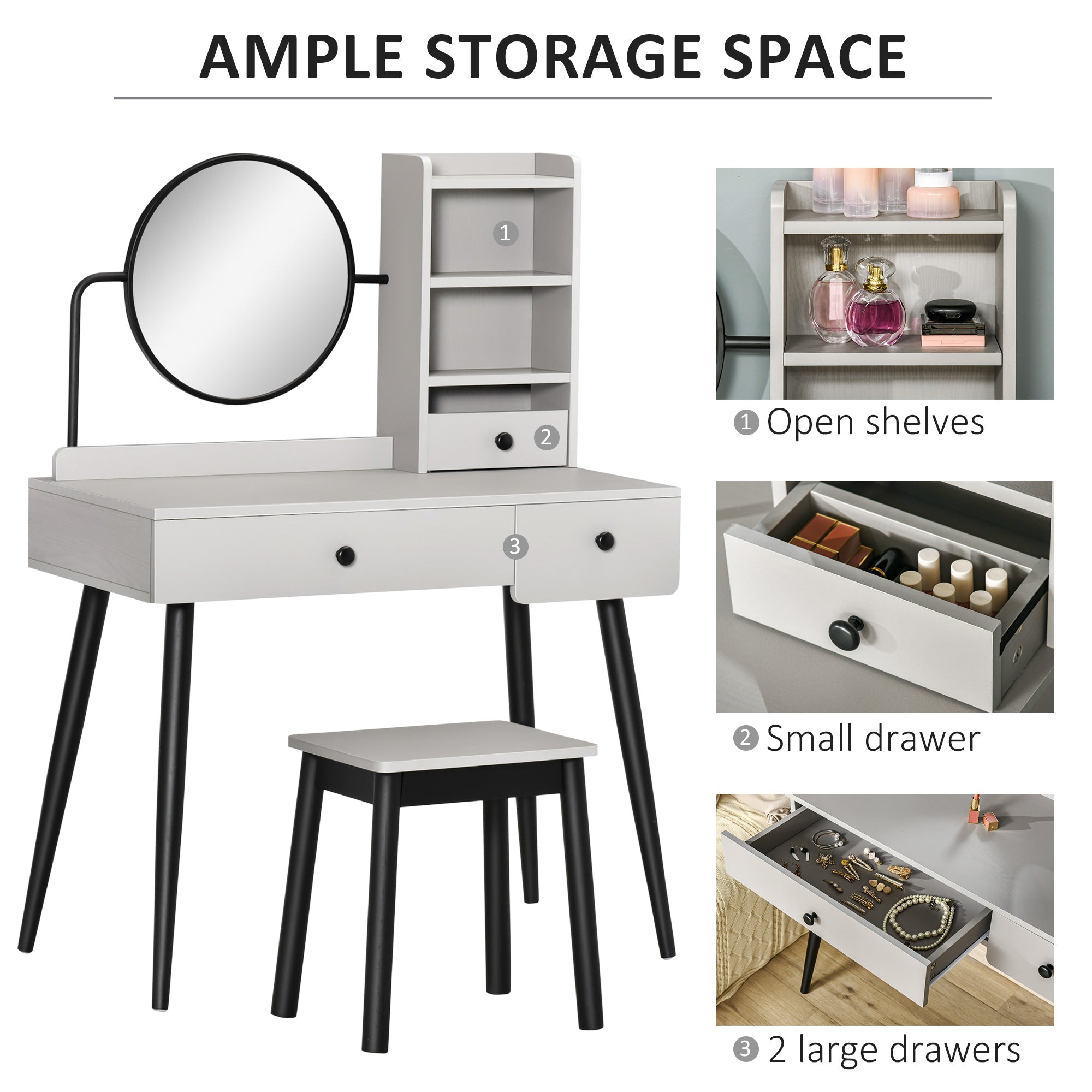HOMCOM Dressing Table Set with Mirror and Stool, Vanity Makeup Table with 3 Drawers and Open Shelves for Bedroom, Living Room, Grey - North Peak Garden Furniture