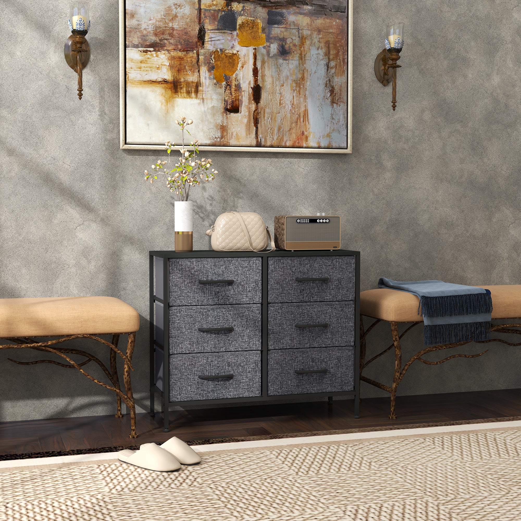 HOMCOM Fabric Chest of Drawers, Storage Drawers, Industrial Bedroom Dresser with 6 Fabric Drawers, Steel Frame and Wooden Top for Nursery, Living Room, Hallway, Black - North Peak Garden Furniture