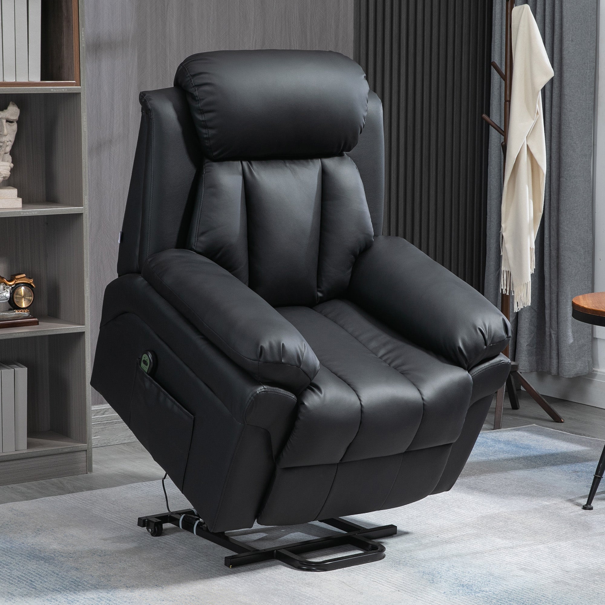 HOMCOM Power Lift Recliner Armchair, Electric Lift Chair for Elderly, Overstuffed Faux Leather, Riser and Reclining Chair with Remote Control, Side Pockets, Extended Footrest, for Living Room, Black - North Peak Garden Furniture
