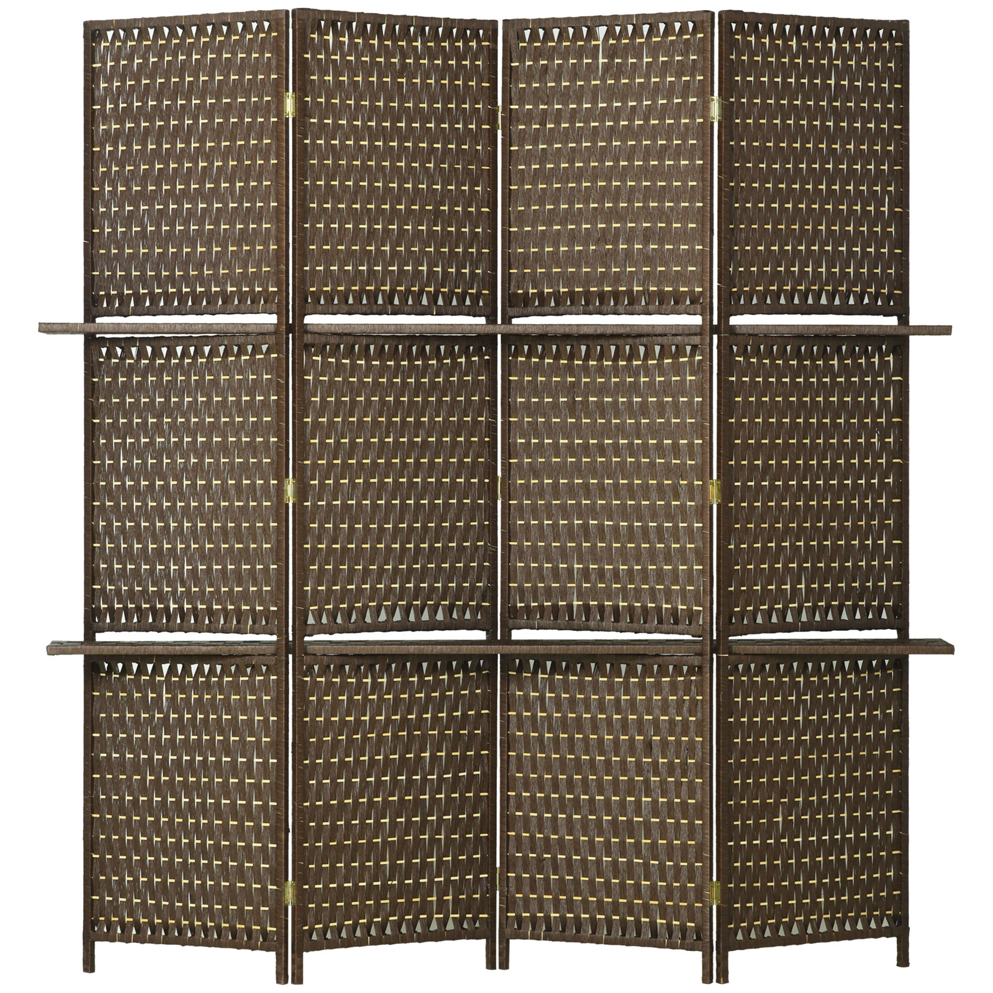 HOMCOM 4-Panel Room Dividers with Shelves, Wave Fibre Freestanding Folding Privacy Screen Panels, Partition Wall Divider for Indoor Bedroom Office, 180 cm, Brown