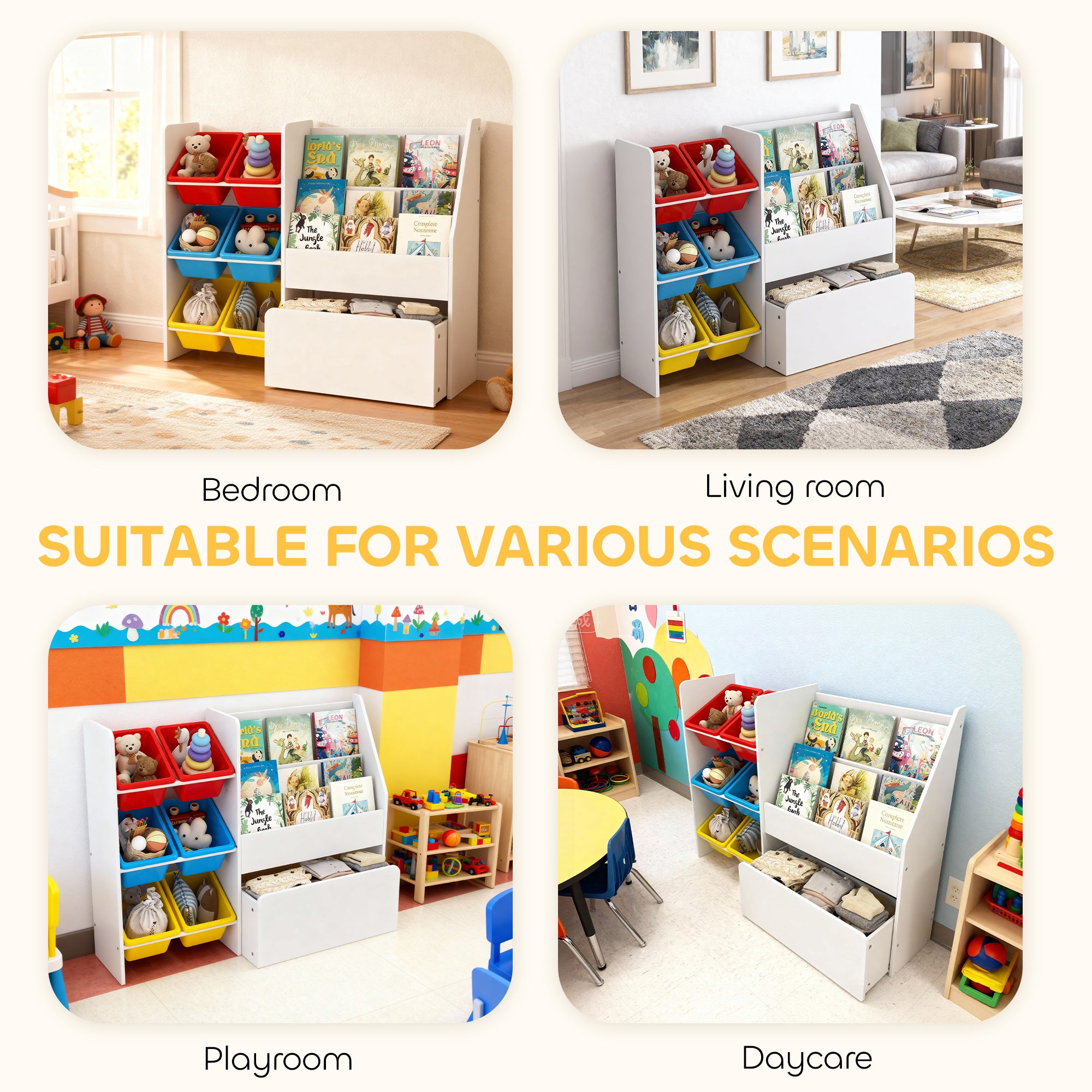 AIYAPLAY Toy Storage Unit, 3-Tier Toy Organiser Shelf with 6 Removable Storage Bins for Bedroom, Nursery, Multicolour