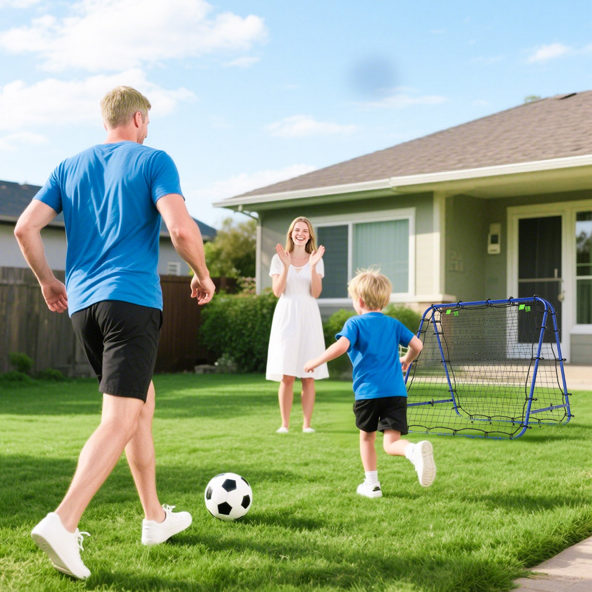 HOMCOM Double Sided Football Rebounder Net, Football Rebound Goal with 5 Adjustable Angles, Blue