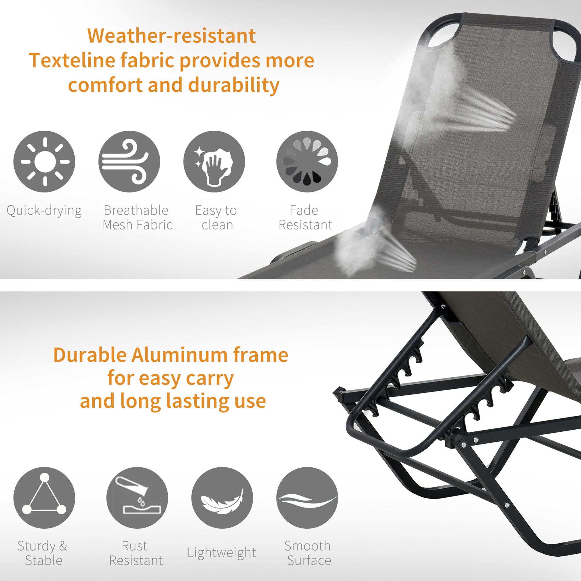 Outsunny Sun Lounger Relaxed Recliner with 5-Position Adjustable Backrest Aluminium Frame for Pool, Sun Bathing, Grey - North Peak Garden Furniture