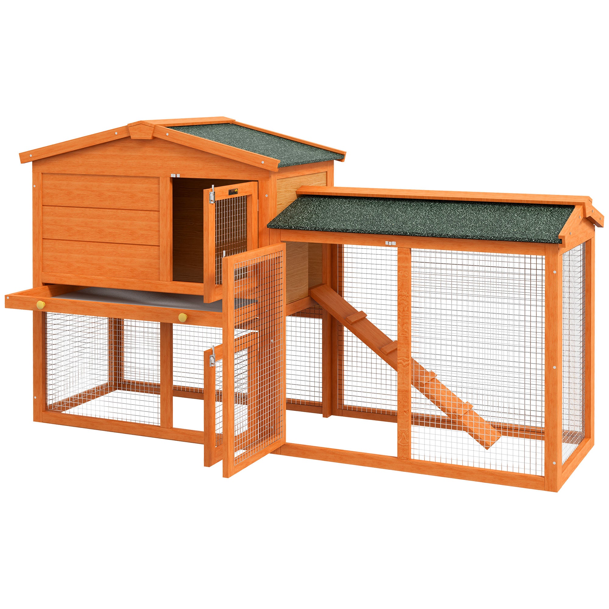 PawHut Two-Tier Rabbit Hutch with Run, Ramp, Slide-Out Tray, for Garden - Orange