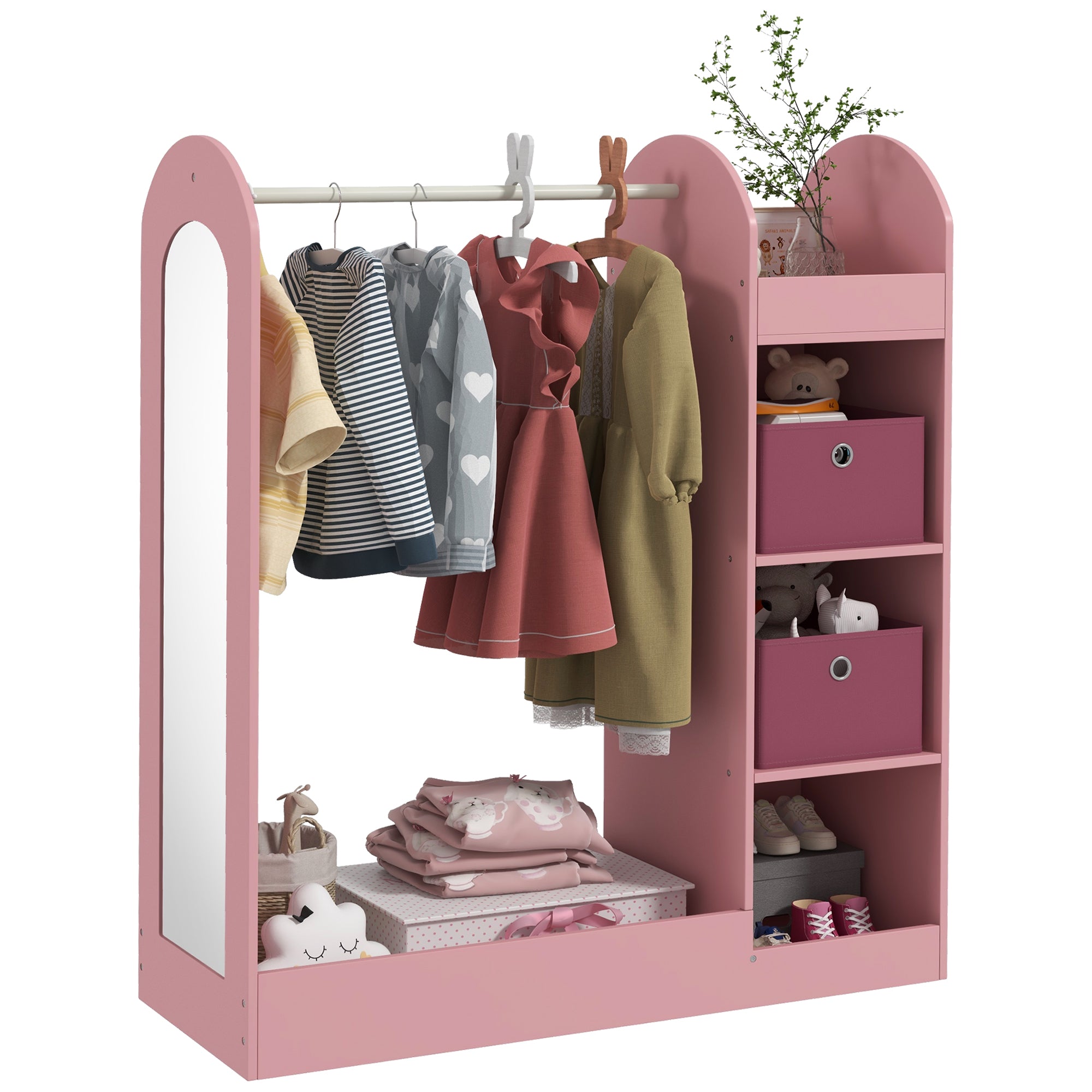 AIYAPLAY Kids Clothes Rail with Storage Shelf, Boxes, Mirror for Bedroom, Nursery, Pink - North Peak Garden Furniture