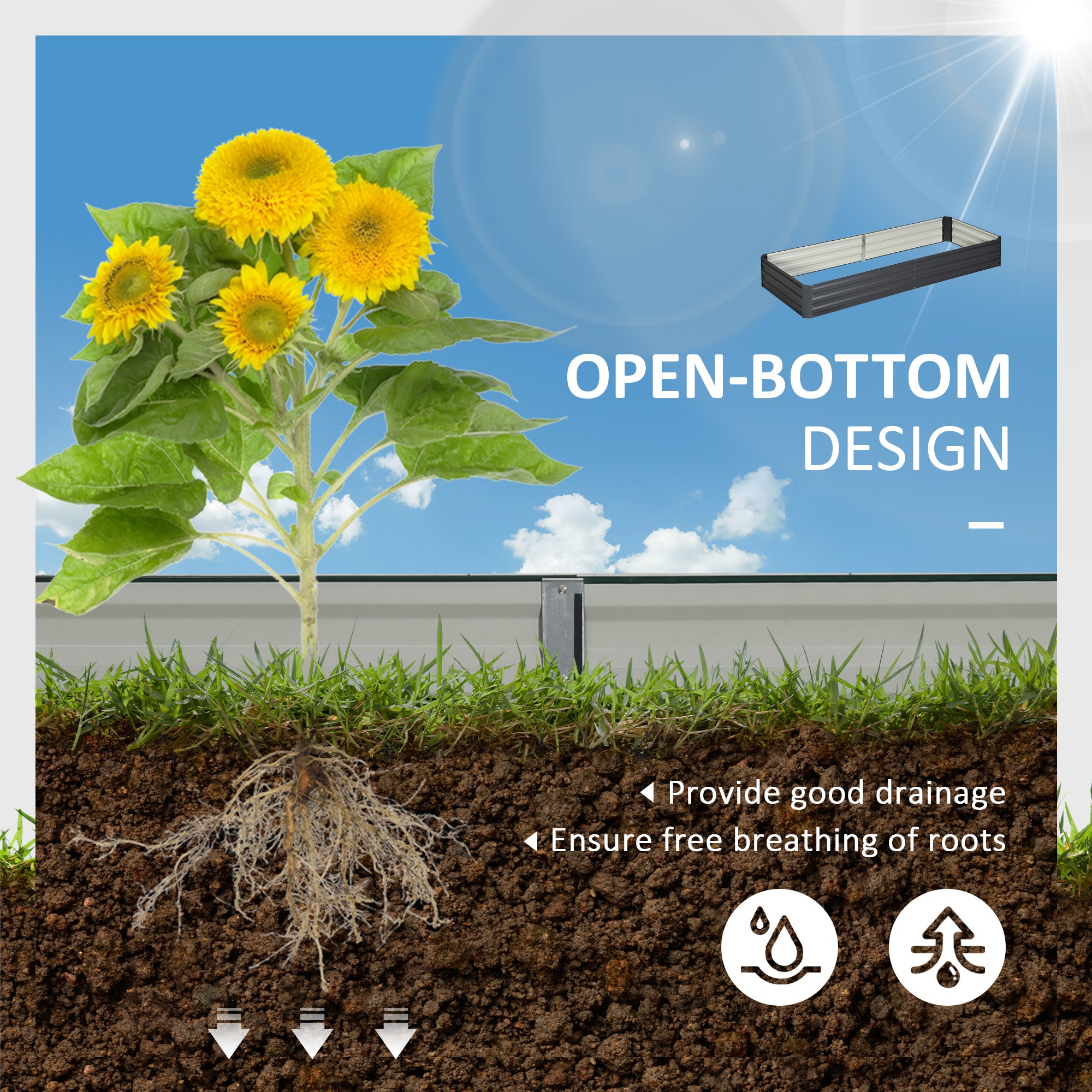 Outsunny Metal Raised Garden Bed Planter Box Outdoor Planters for Growing Flowers, Herbs, Grey, 241x90.5x30cm - North Peak Garden Furniture