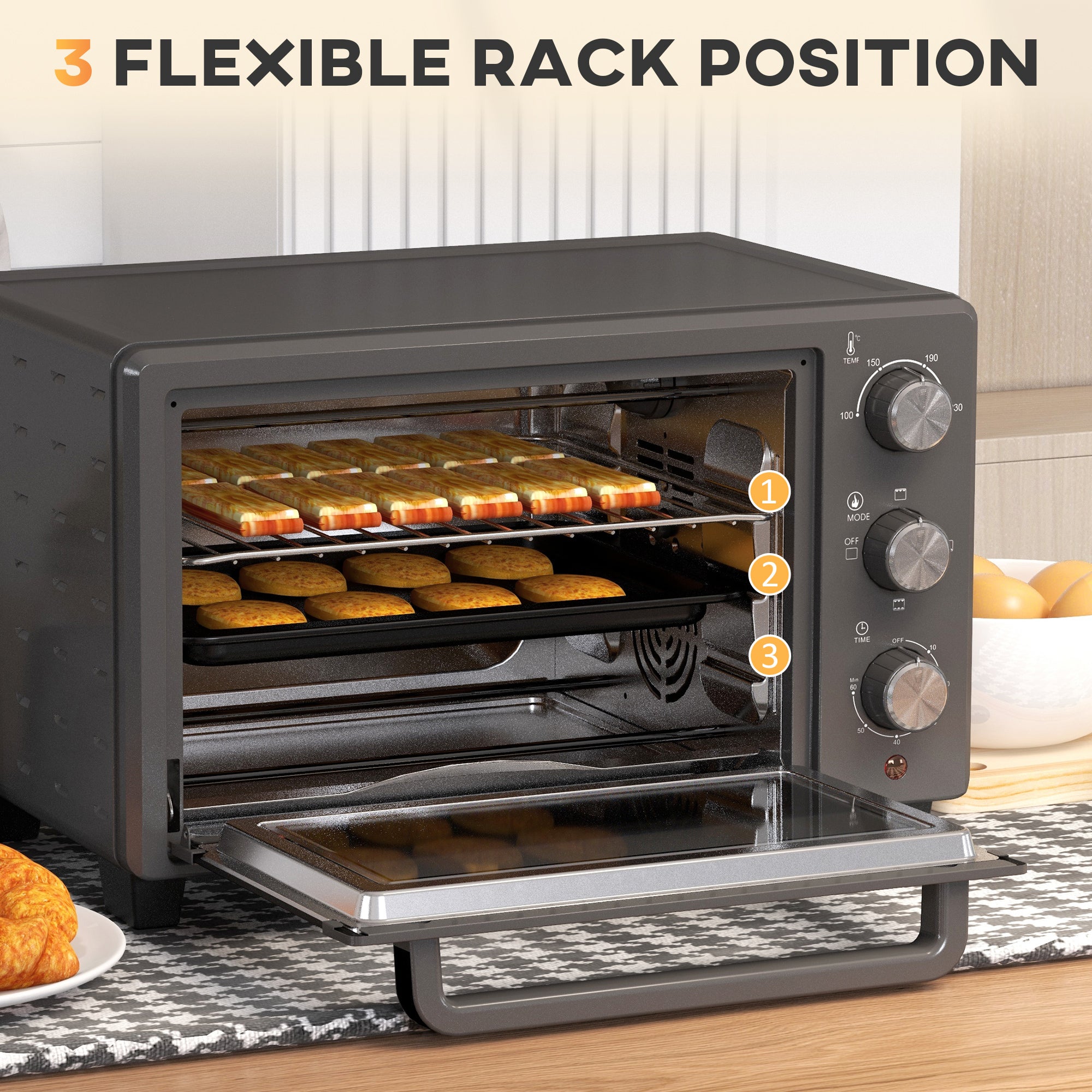 HOMCOM Mini Oven, 21L Countertop Electric Grill, Toaster Oven with Adjustable Temperature, Timer, Baking Tray and Wire Rack, 1400W, Grey