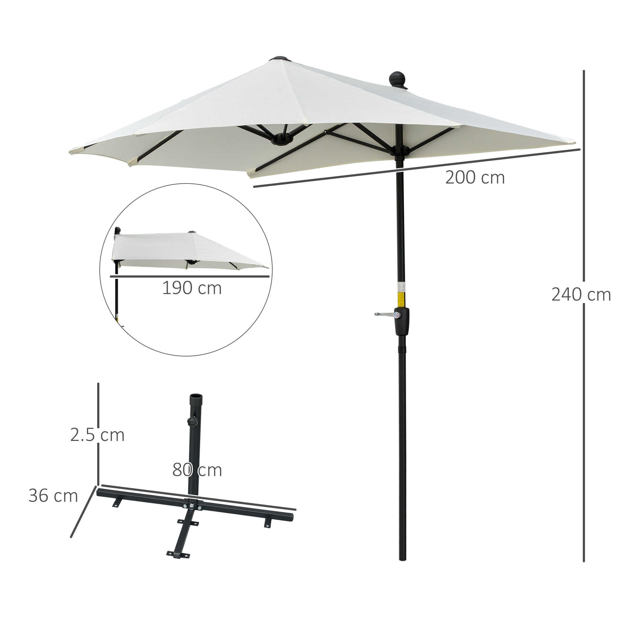 Outsunny 2m Half Parasol Market Umbrella Garden Balcony Parasol with Crank Handle, Base, Double-Sided Canopy, Cream White - North Peak Garden Furniture