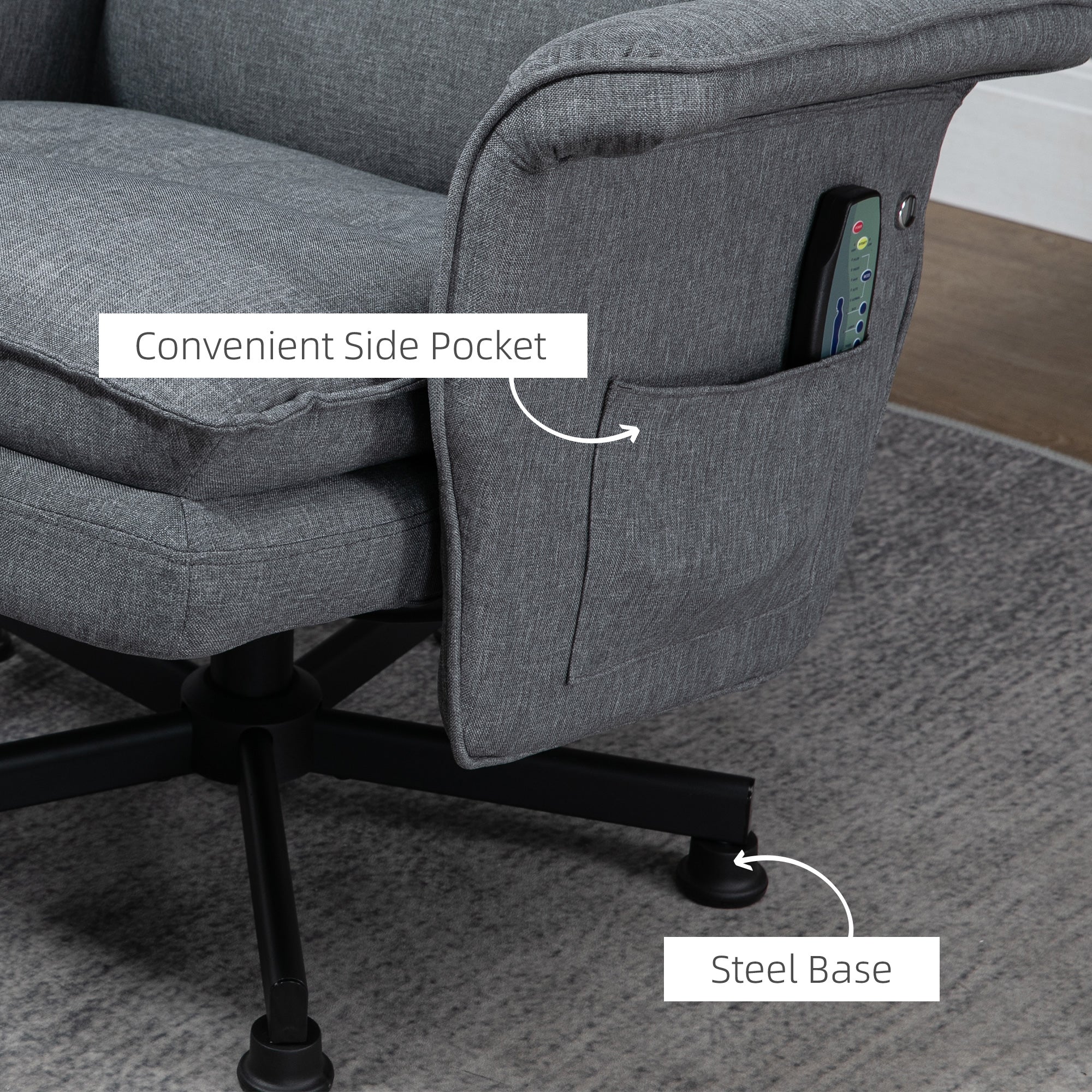 HOMCOM Swivel Recliner Chair and Footstool, Upholstered Massage Recliner Armchair with Remote Control, Timer and Steel Base, Grey - North Peak Garden Furniture