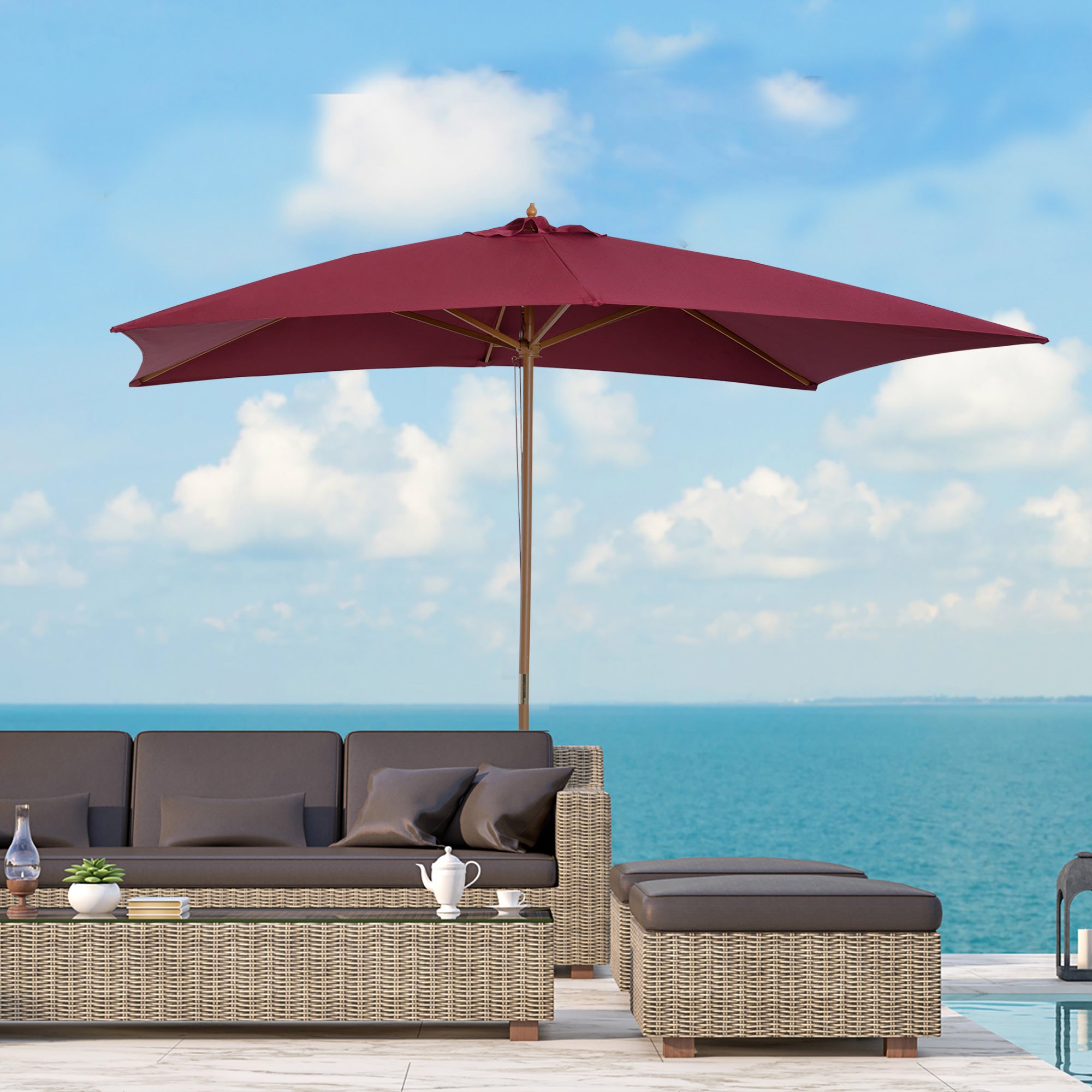 Outsunny Wooden Garden Parasol, 3m x 2m Sun Shade Patio Umbrella, Outdoor Canopy, Wine Red