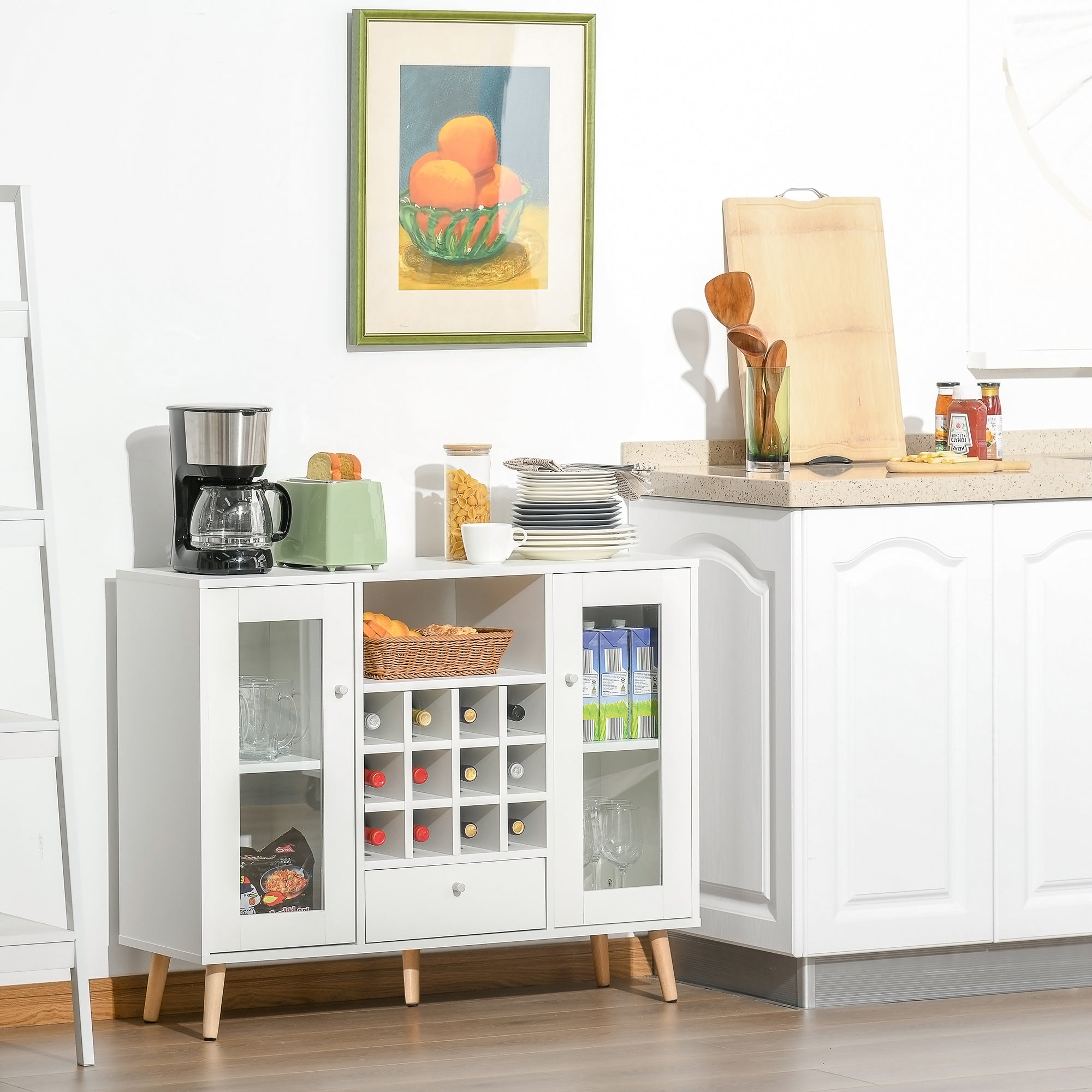HOMCOM Modern Sideboard Storage Cabinet Kitchen Cupboard Dining Bar Server with Glass Doors, Drawer & 12-Bottle Wine Rack for Living Room, White - North Peak Garden Furniture