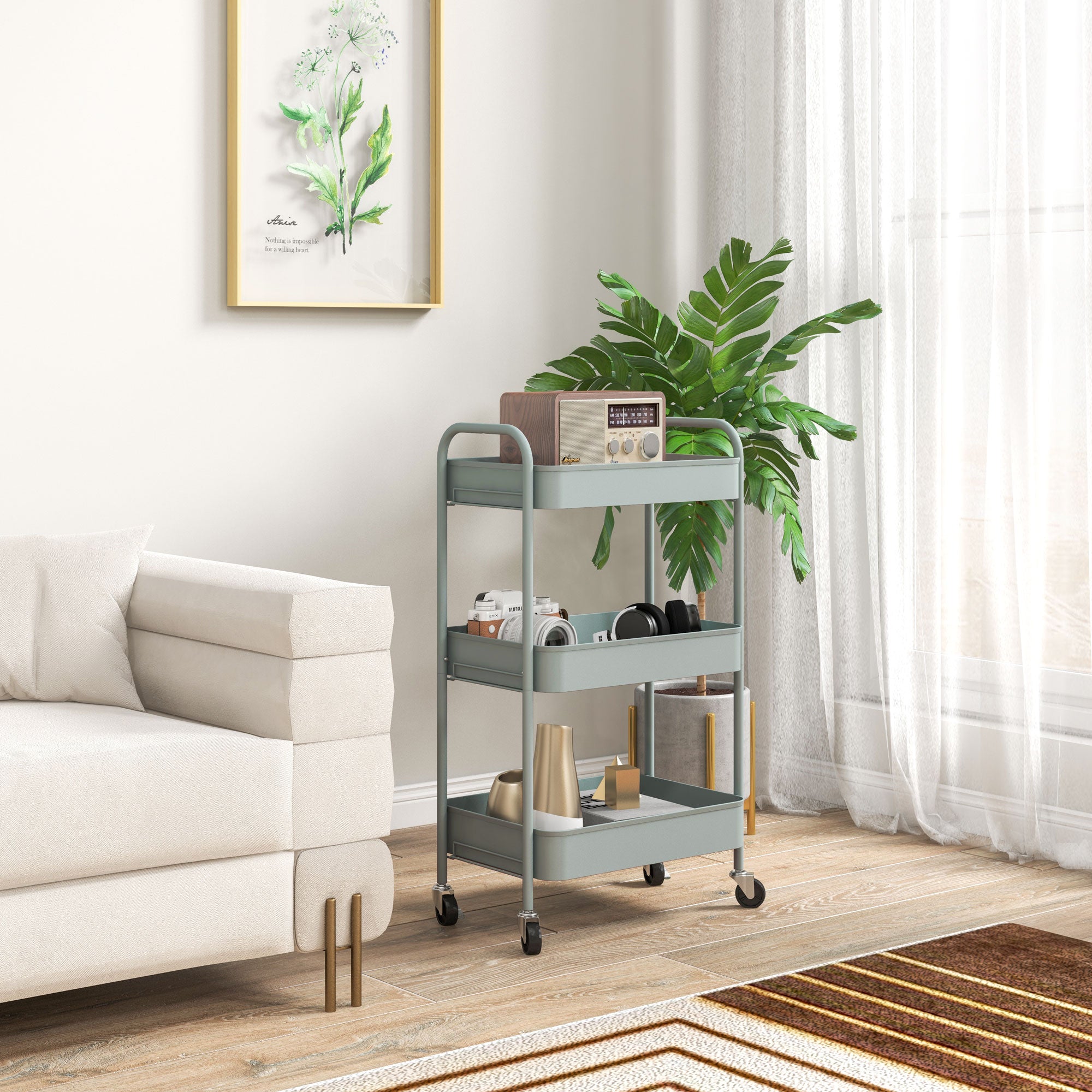 HOMCOM Three-Tier Steel Storage Trolley - Light Blue - North Peak Garden Furniture