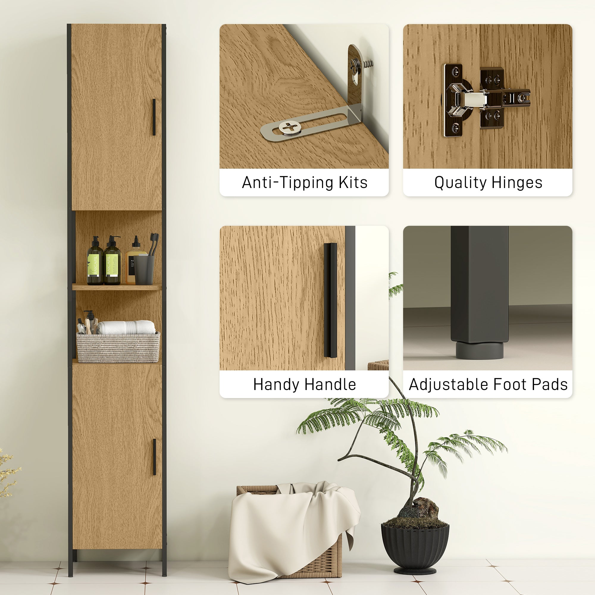 HOMCOM Tall Bathroom Cabinet with 2 Doors, Open Compartments and Adjustable Shelves - Natural Wood Finish