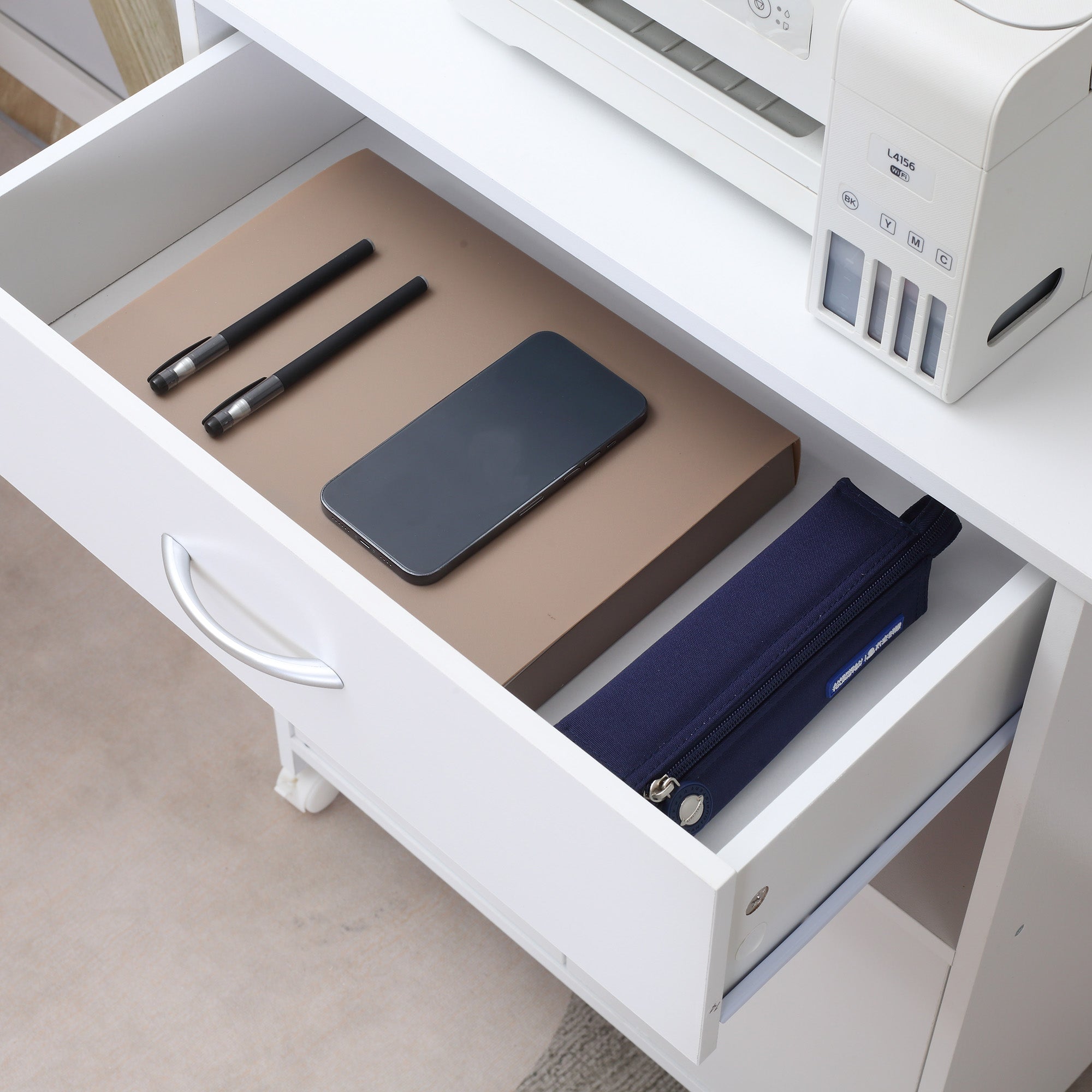 Vinsetto Printer Stand Mobile Printer Cabinet with Storage, Open Shelf, Drawer for Home Office, 60cm x 39cm x 80cm, White - North Peak Garden Furniture