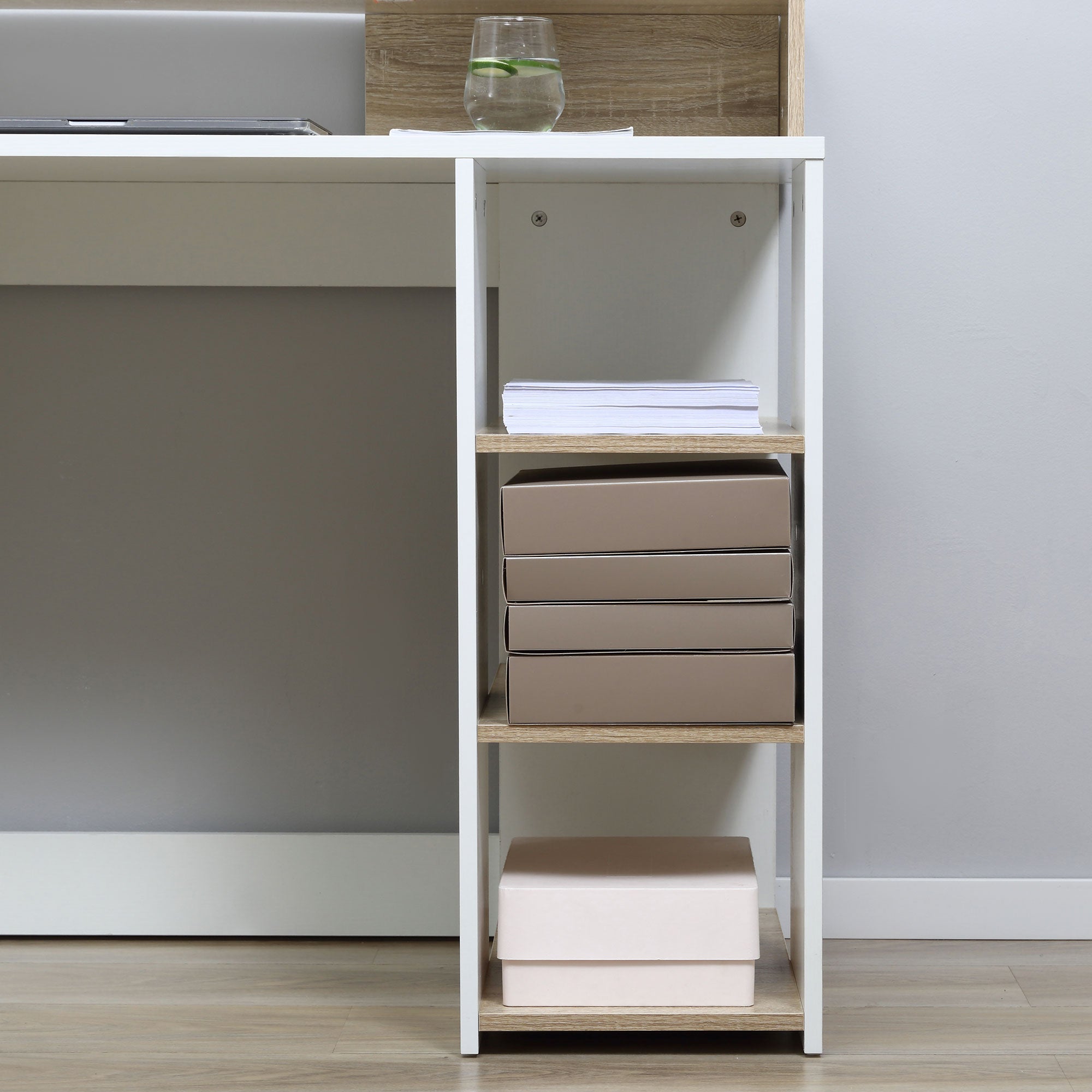 HOMCOM Computer Desk with Drawers and Storage Shelves, Reception Desk, Study Workstation for Home Office, 137 x 55 x 92cm, Oak and White - North Peak Garden Furniture