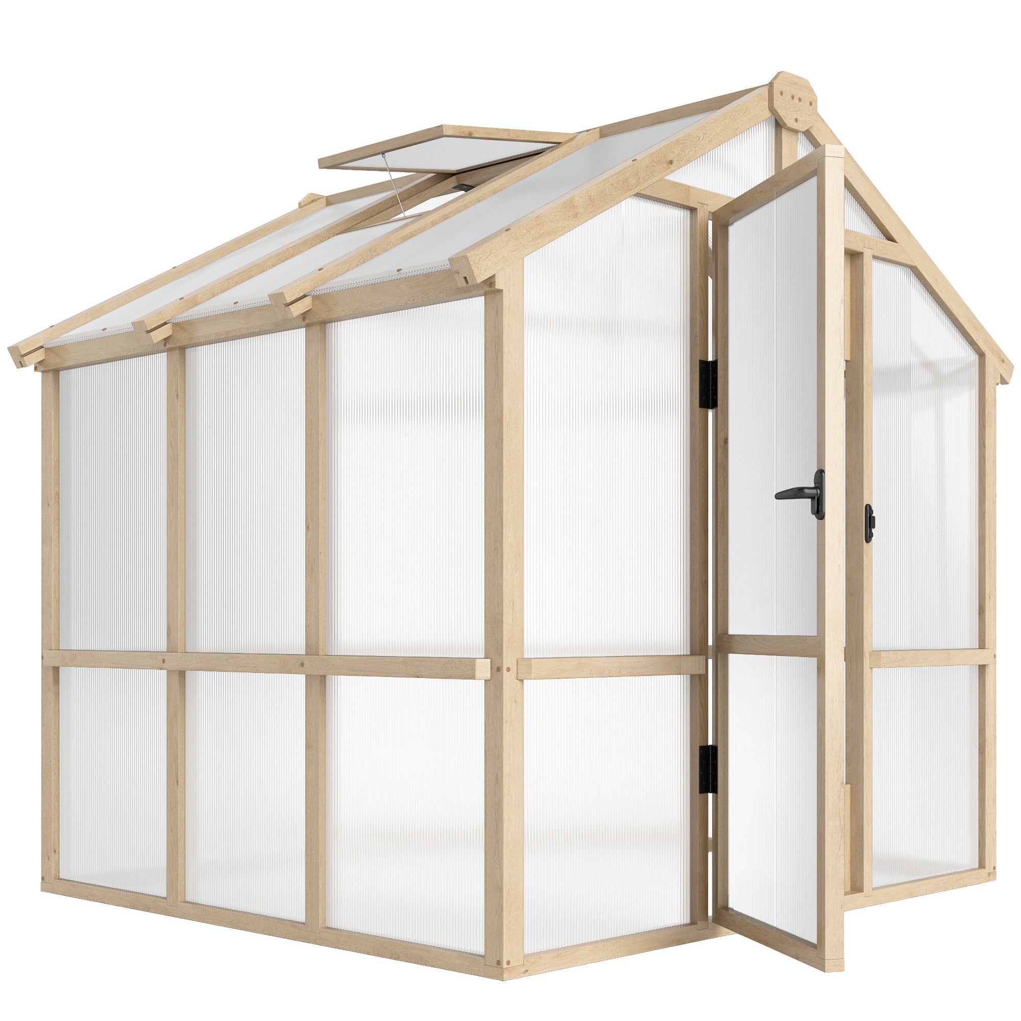 Outsunny 6.6 x 6ft Polycarbonate Greenhouse, Walk-in Wooden Greenhouse with Lockable Door and Window, Garden Plants Grow House, Brown