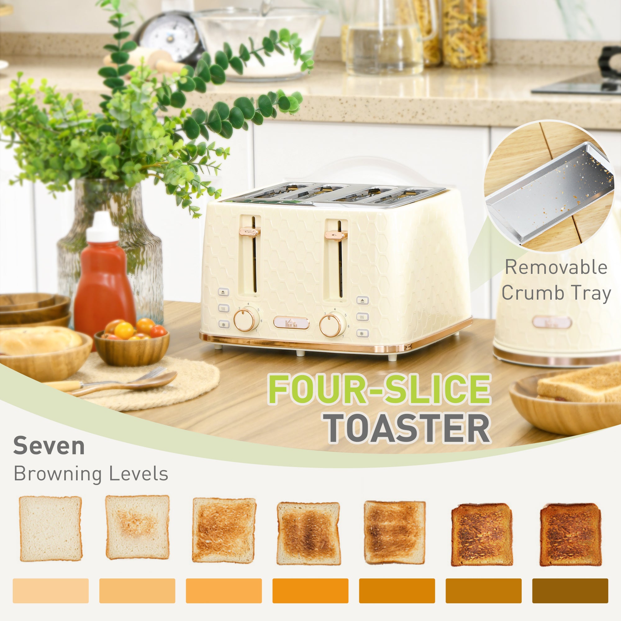 HOMCOM Kettle and Toaster Set, 1.7L 3000W Fast Boil Jug Kettle with Auto Shut Off, 4 Slice Toaster with 7 Level Browning Controls & Crumb Tray, Beige - North Peak Garden Furniture