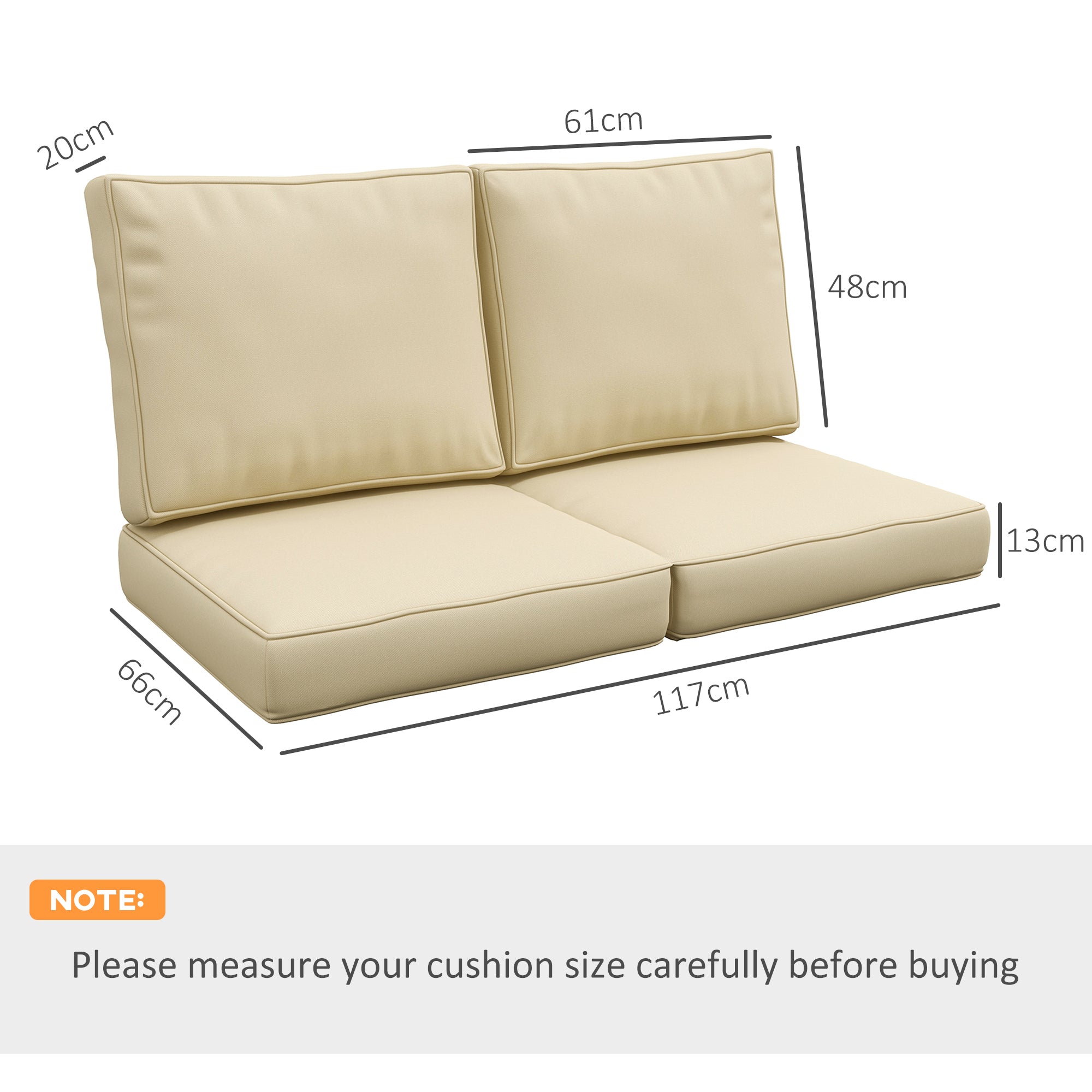 Outsunny 2 Seater Back and Seat Cushion Pillows Replacement, Patio Chair Cushions Set for Indoor Outdoor, Beige - North Peak Garden Furniture