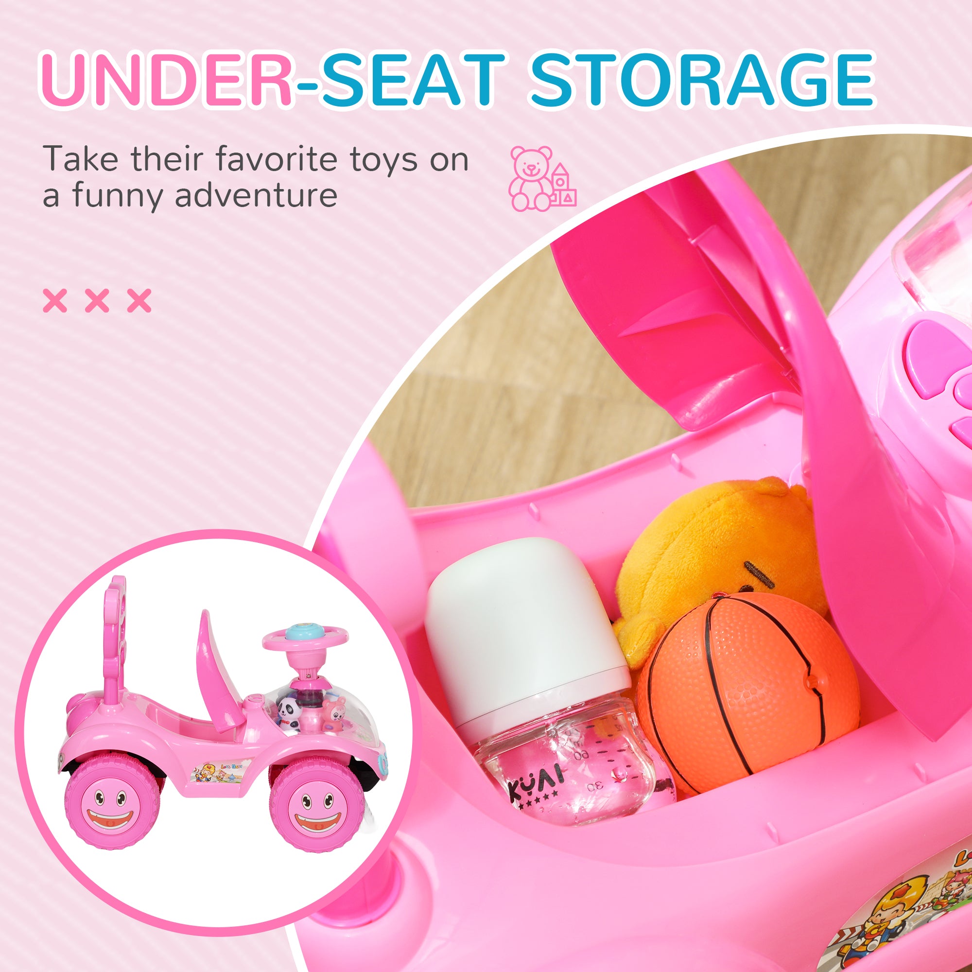 AIYAPLAY Foot to Floor oddler Ride on Toy w/ Music, Light, Horn, Under Seat Storage, Anti-Over-Backwards Device, Pink - North Peak Garden Furniture