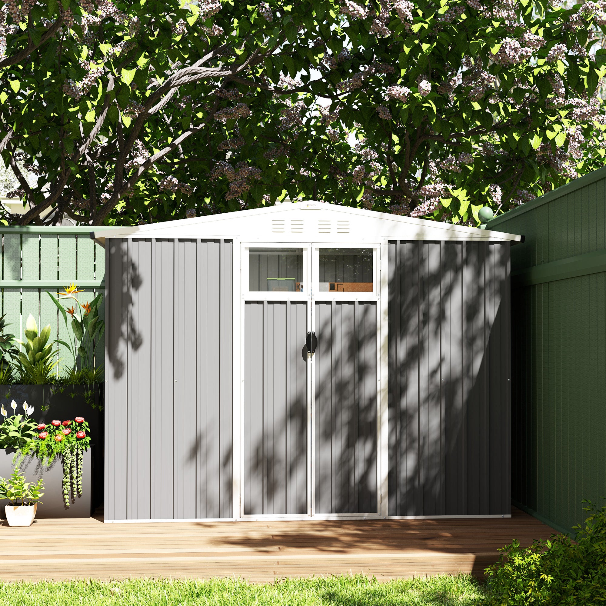 Outsunny 8 x 4 ft Metal Garden Shed, Garden Storage Shed with Window, 4 Vents and Lockable Door, Waterproof Galvanised Steel Tool Storage Shed, Light Grey - North Peak Garden Furniture
