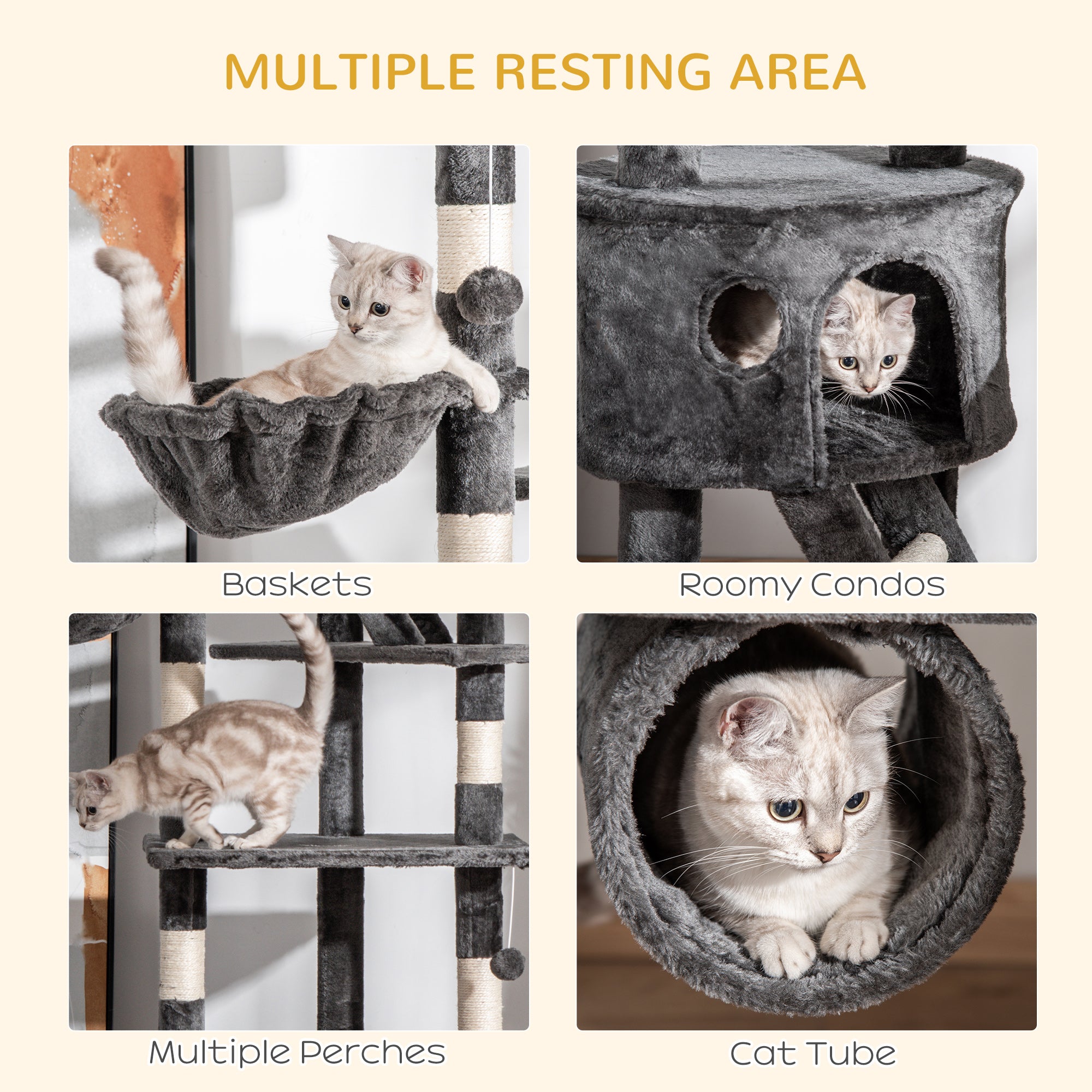 PawHut Floor-to-Ceiling Cat Tree for Indoor Cats, 240-260cm Adjustable Cat Tree - Dark Grey - North Peak Garden Furniture