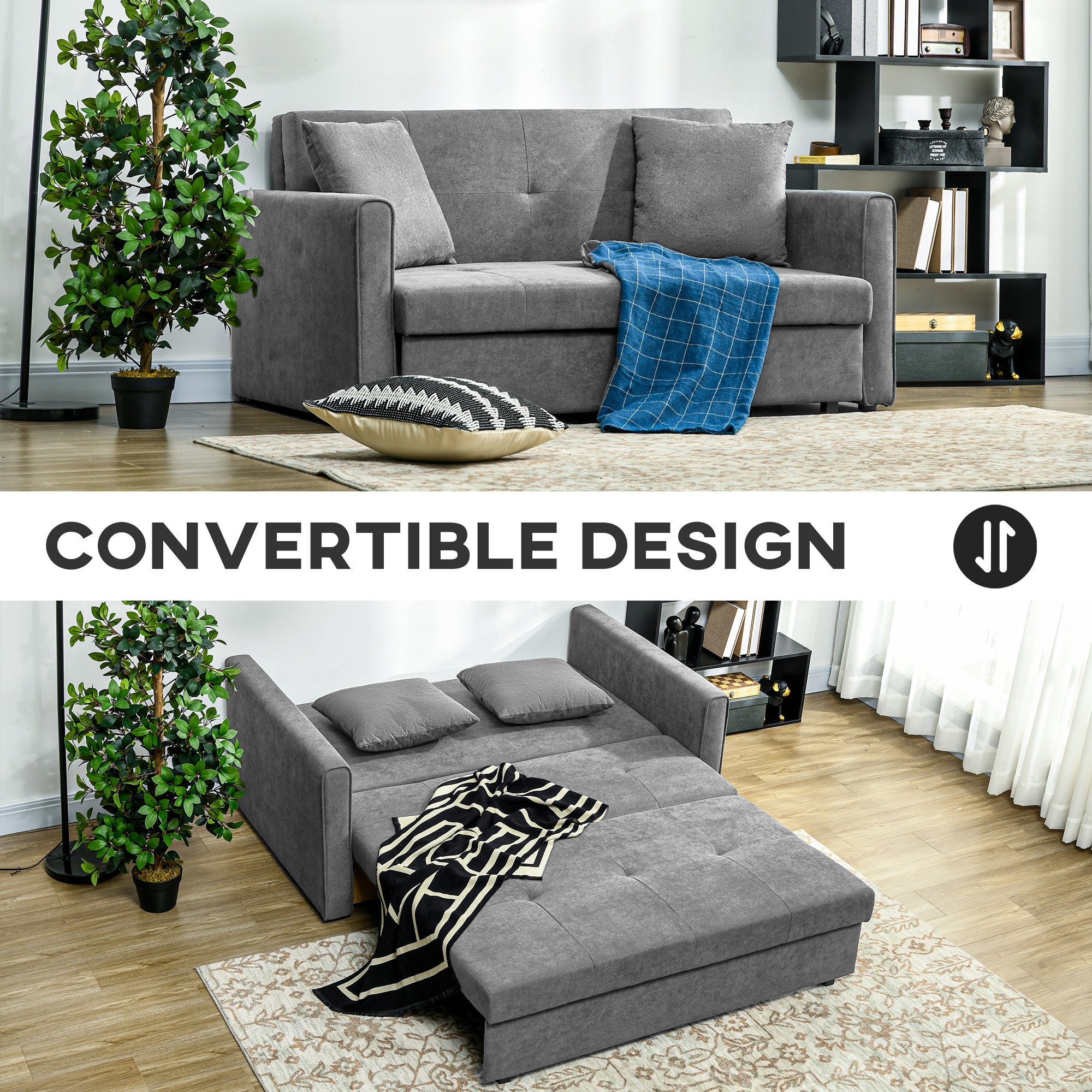 HOMCOM 2 Seater Sofa Bed, Convertible Bed Settee, Modern Fabric Loveseat Sofa Couch with 2 Cushions, Hidden Storage for Living Room, Guest Room, Light Grey - North Peak Garden Furniture