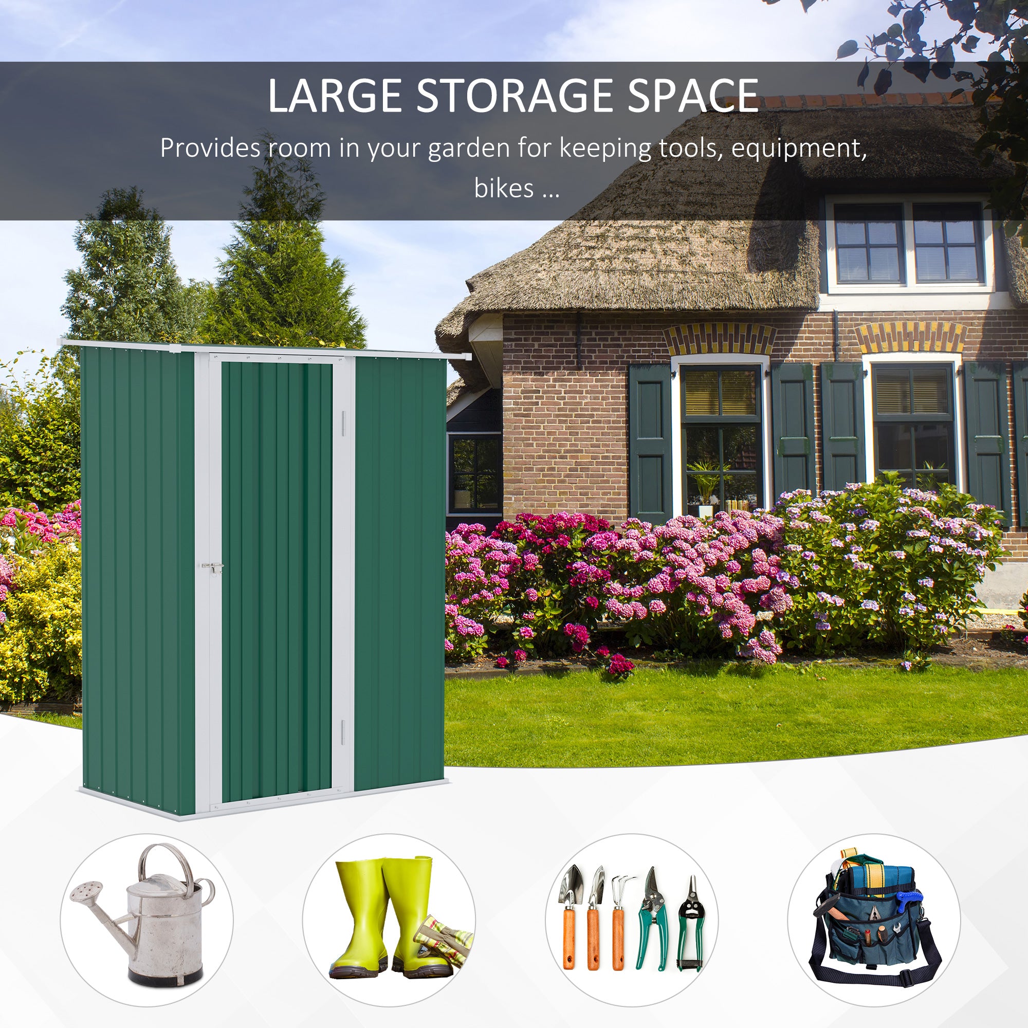 Outsunny 5ft x 3ft Garden Metal Storage Shed, Outdoor Tool Shed with Sloped Roof, Lockable Door for Tools, Equipment, Green - North Peak Garden Furniture