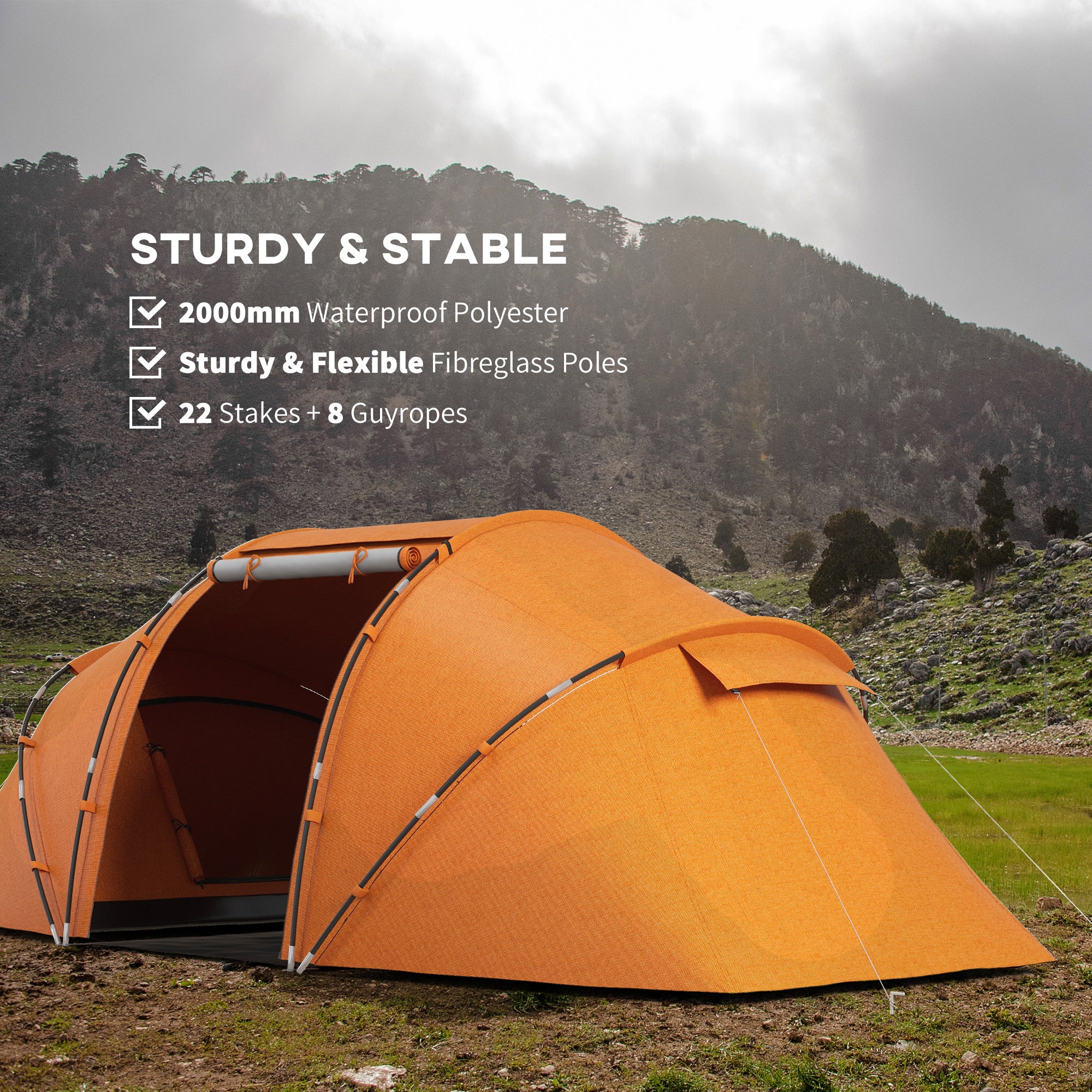 Outsunny 4-6 Man Camping Tent w/ Two Bedroom, Hiking Sun Shelter, UV Protection Tunnel Tent, Orange - North Peak Garden Furniture
