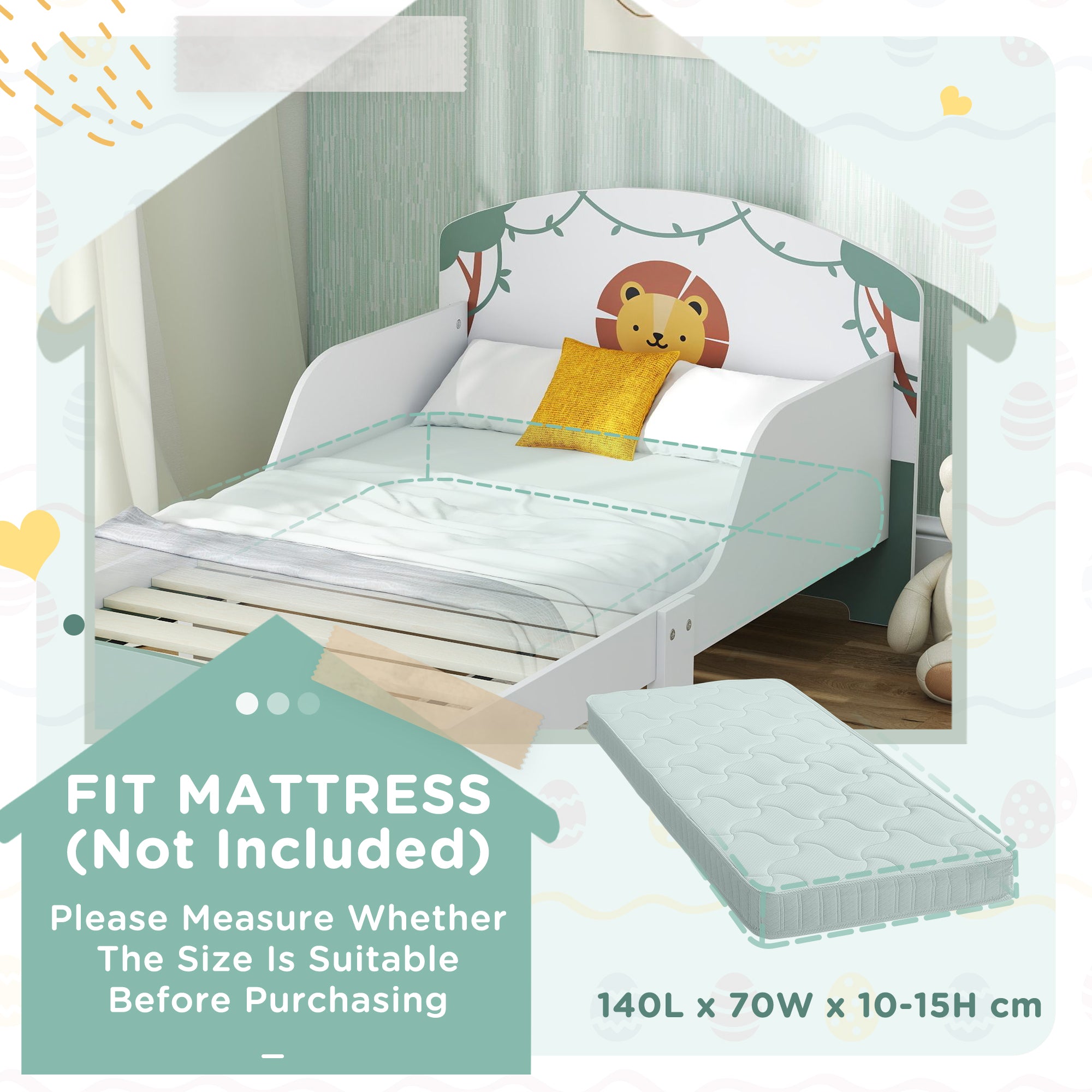 AIYAPLAY Toddler Bed with Storage, Guardrails, Lion Design, for Ages 3-8 Years, Fits 140 x 70cm Mattress, Green