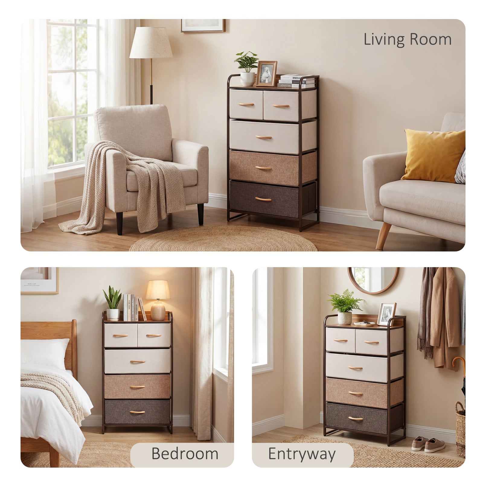 HOMCOM 5-Drawer Dresser Tower 3-Tier Storage Organizer with Steel Frame Wooden Top for Bedroom Hallway Closets