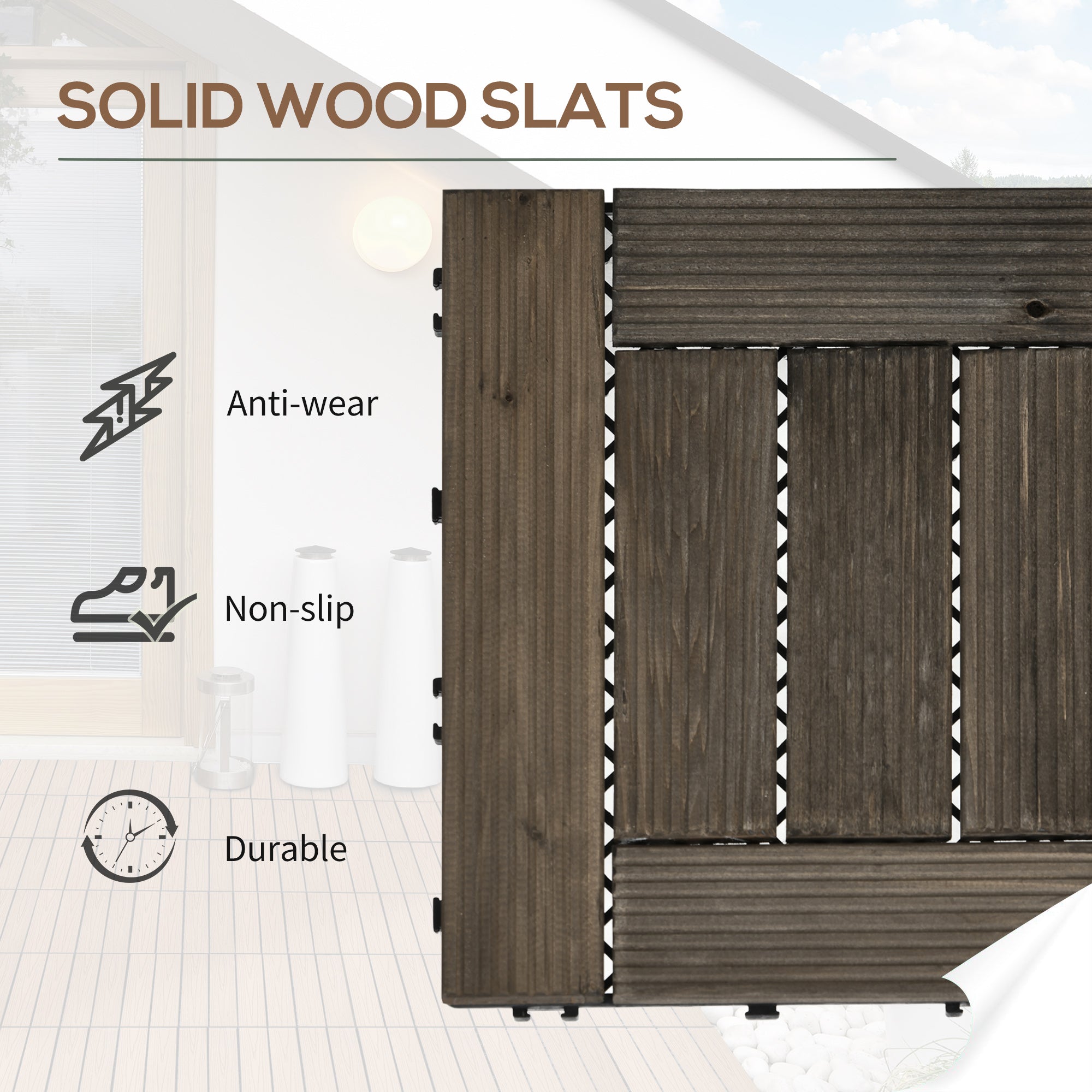 Outsunny 27 Pcs Wooden Interlocking Decking Tiles, 30 x 30 cm Outdoor Flooring Tiles, 2.5㎡ per Pack, for Patio, Balcony, Terrace, Hot Tub, Charcoal Grey - North Peak Garden Furniture