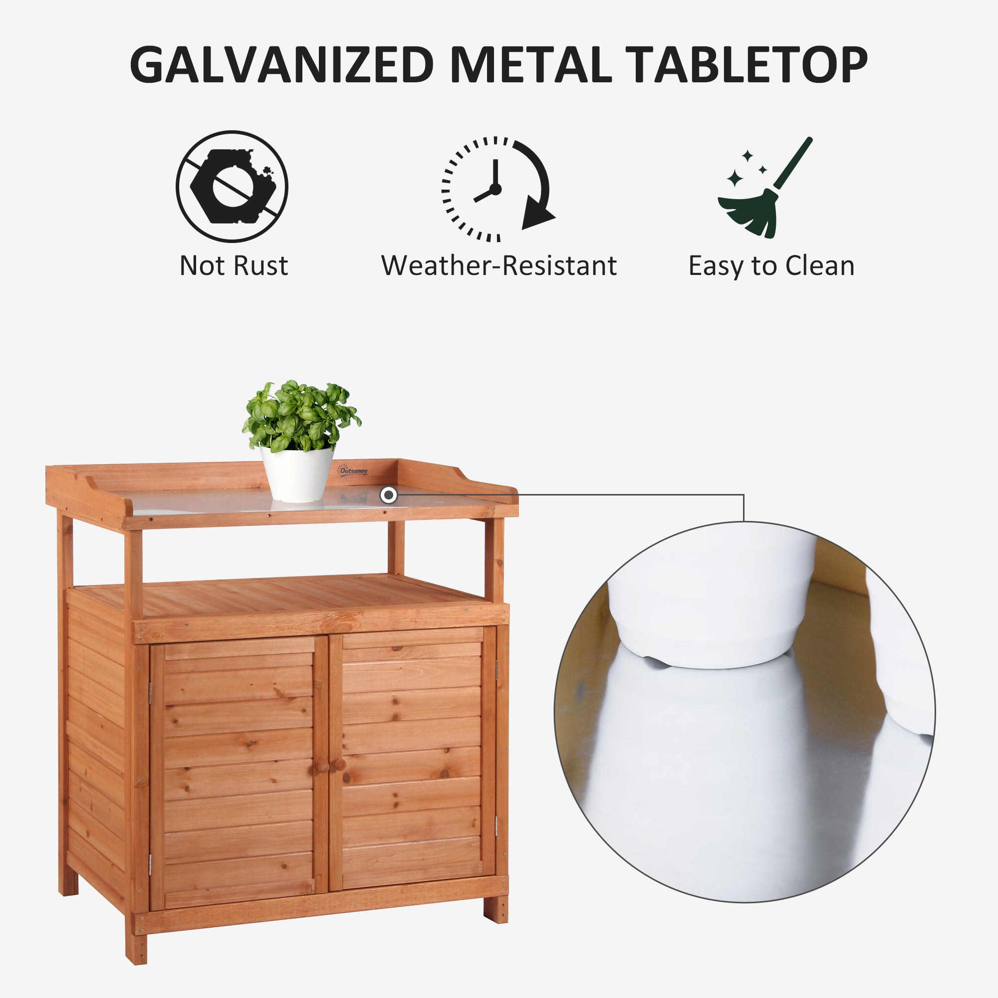 Outsunny Multi-function Potting Bench Table w/ Storage Cabinet and Galvanized Table Top, Wooden Planting Workstation, 98cm x 47cm x 105cm