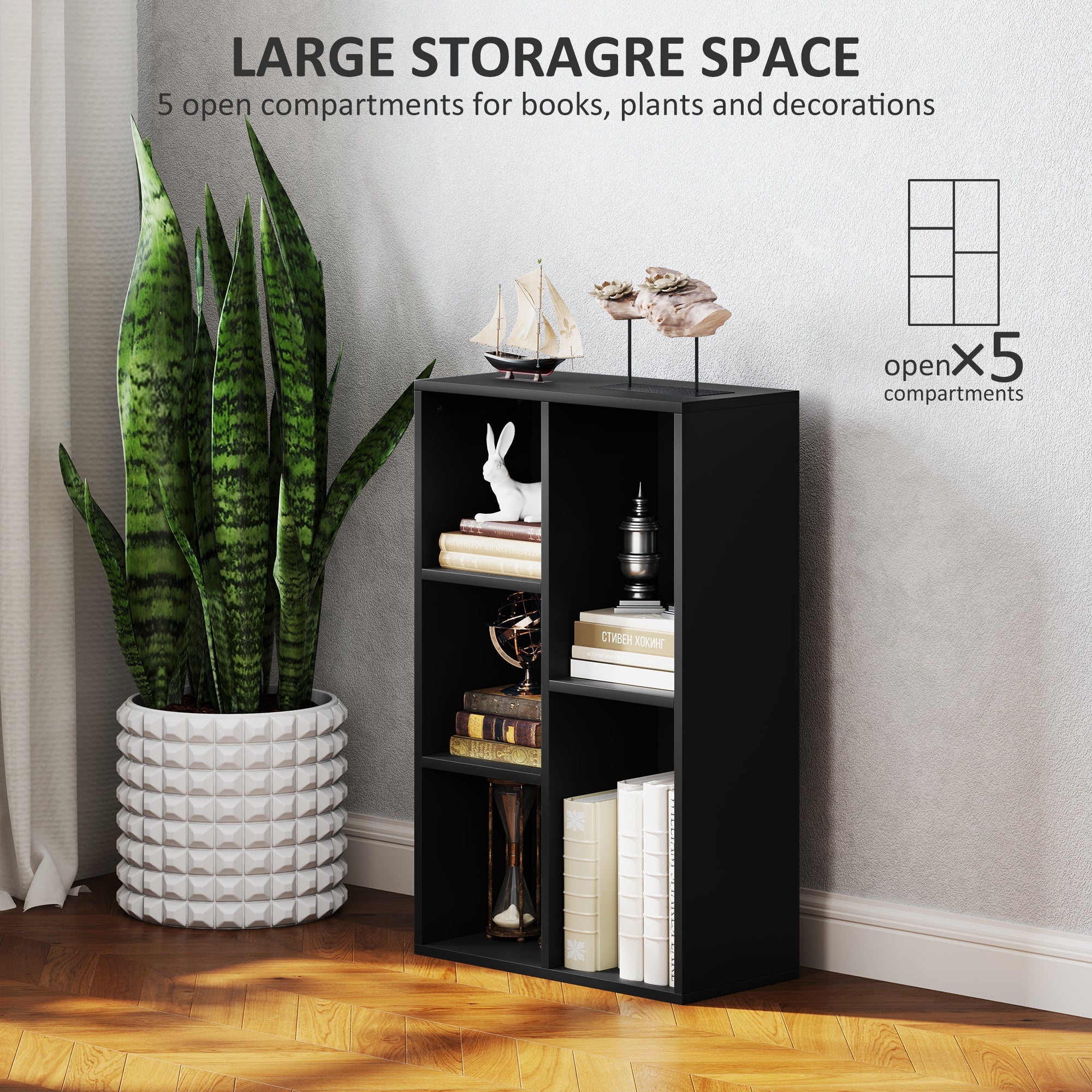 HOMCOM 2-Tier Bookshelf with 5 Compartments - Black - North Peak Garden Furniture