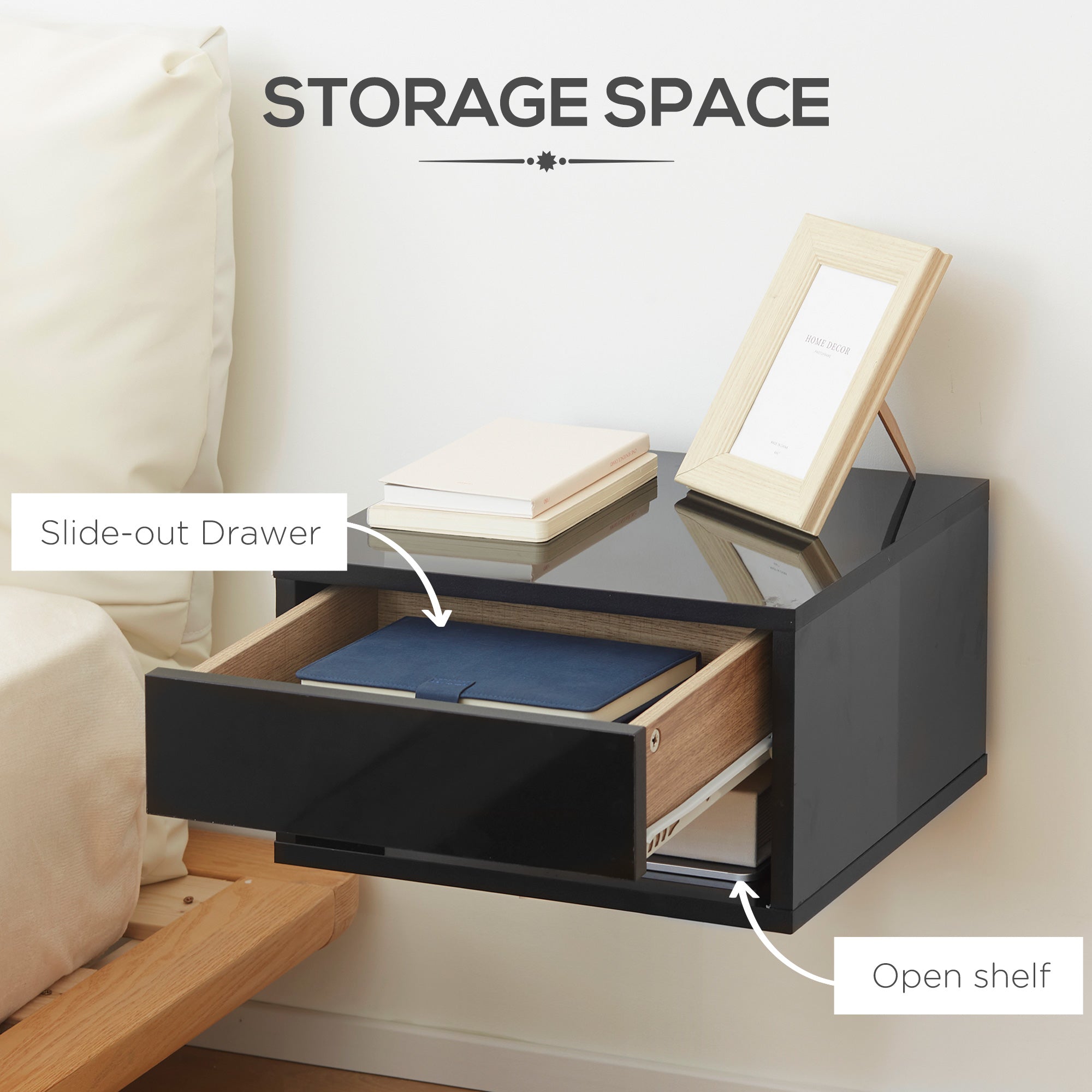 HOMCOM 2 Pieces Bedside Table Wall Mounted Nightstand with Drawer and Shelf for Bedroom, 37 x 32 x 21cm, High Gloss Black - North Peak Garden Furniture