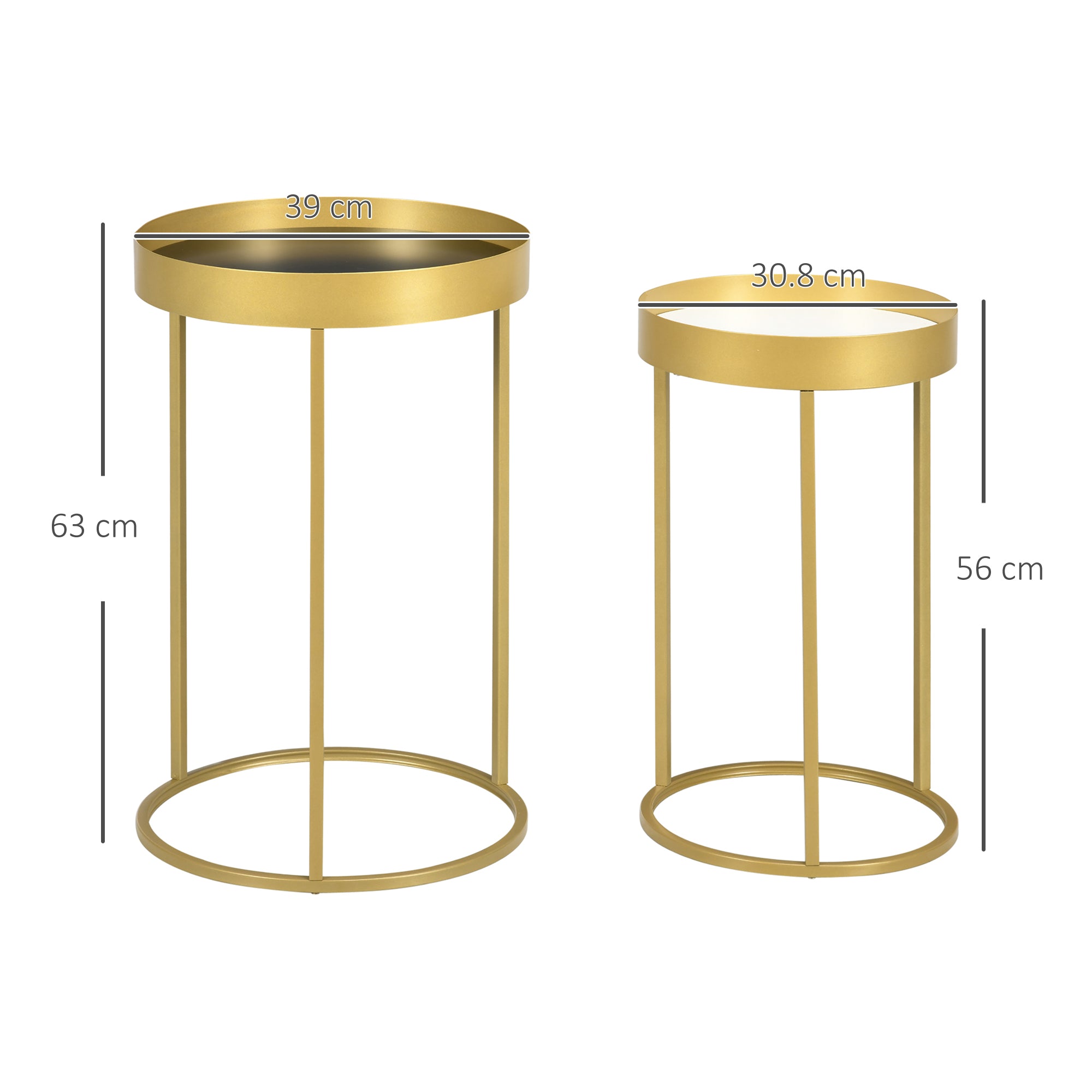 HOMCOM Nest of Tables, Round Coffee Table Set of 2, Nesting Tables with Embedded Tabletop and Metal Frame, Gold Side Table for Living Room, Bedroom - North Peak Garden Furniture