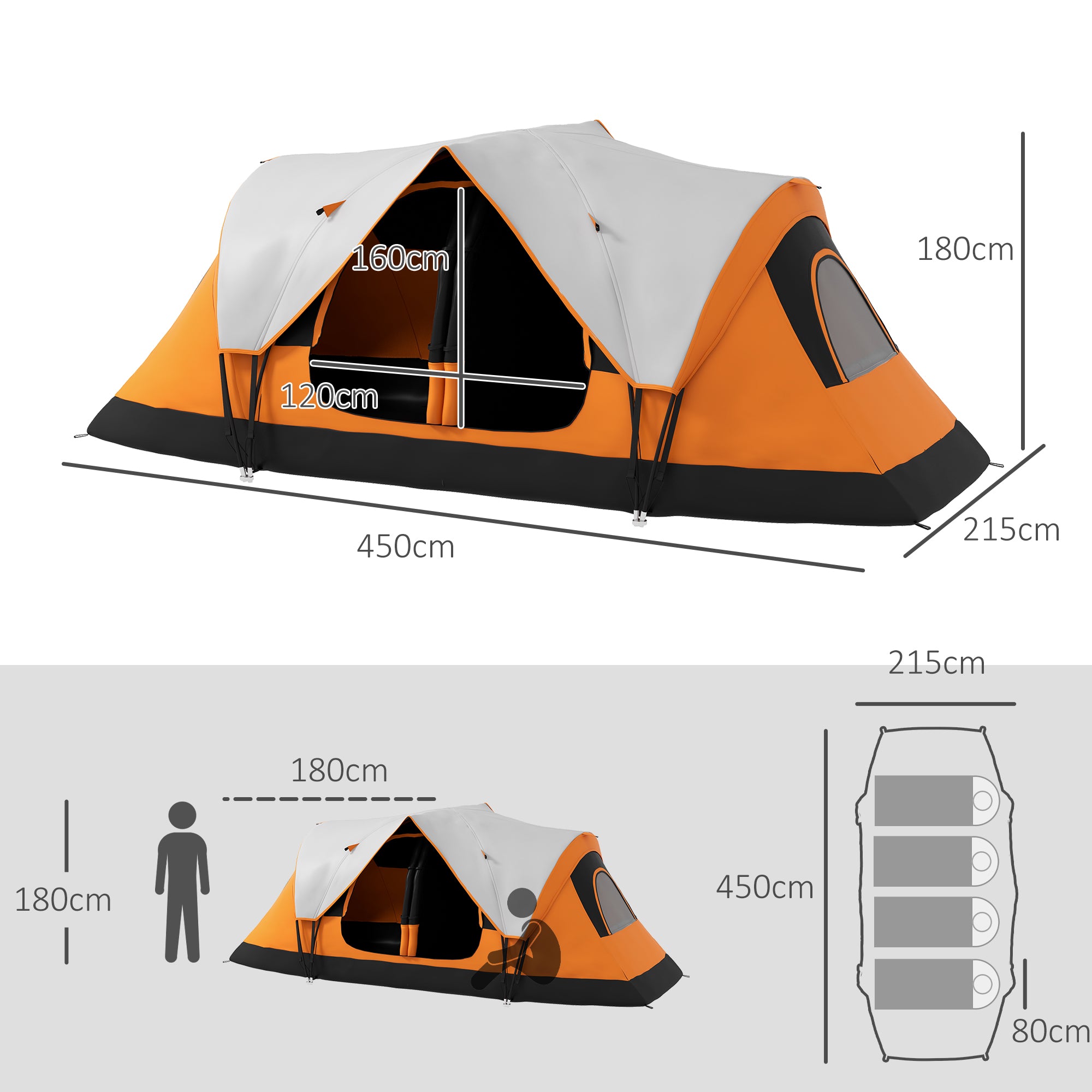 Outsunny Six-Man Tent, with Two Rooms, Small Rainfly and Accessories - Orange