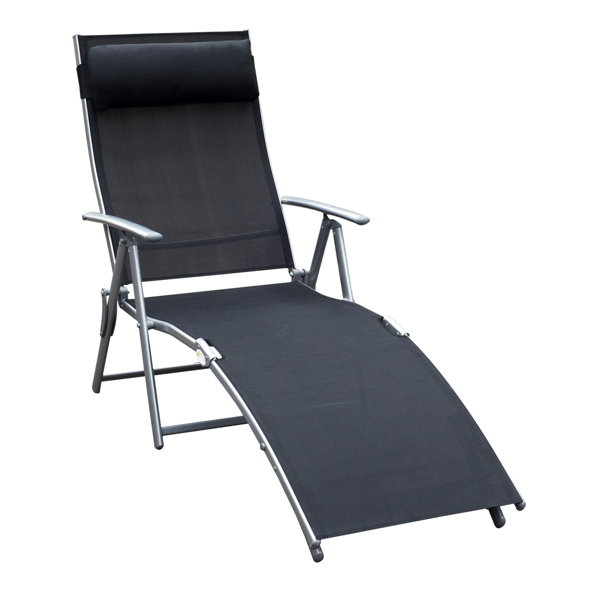 Outsunny Sun Lounger Steel Frame Outdoor Folding Chaise Texteline Lounge Chair Recliner with Headrest & 7 Levels Adjustable Backrest, Black - North Peak Garden Furniture