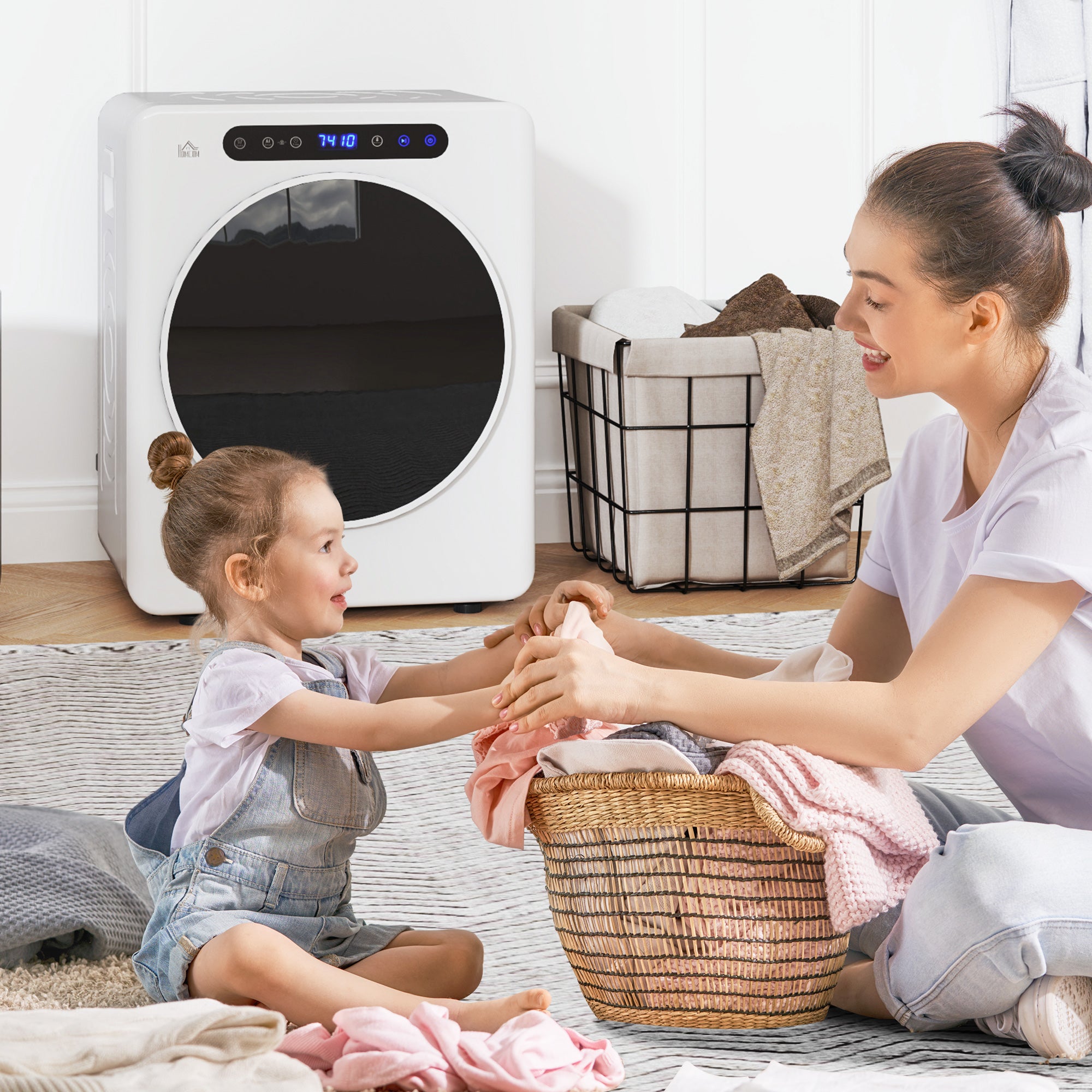 HOMCOM 8kg Vented Tumble Dryer, 1000W Compact Freestanding Front Tumble Dryer with Stainless Steel Tub, Timer, 6 Heat Settings, Small Portable Clothes Dryer, White - North Peak Garden Furniture