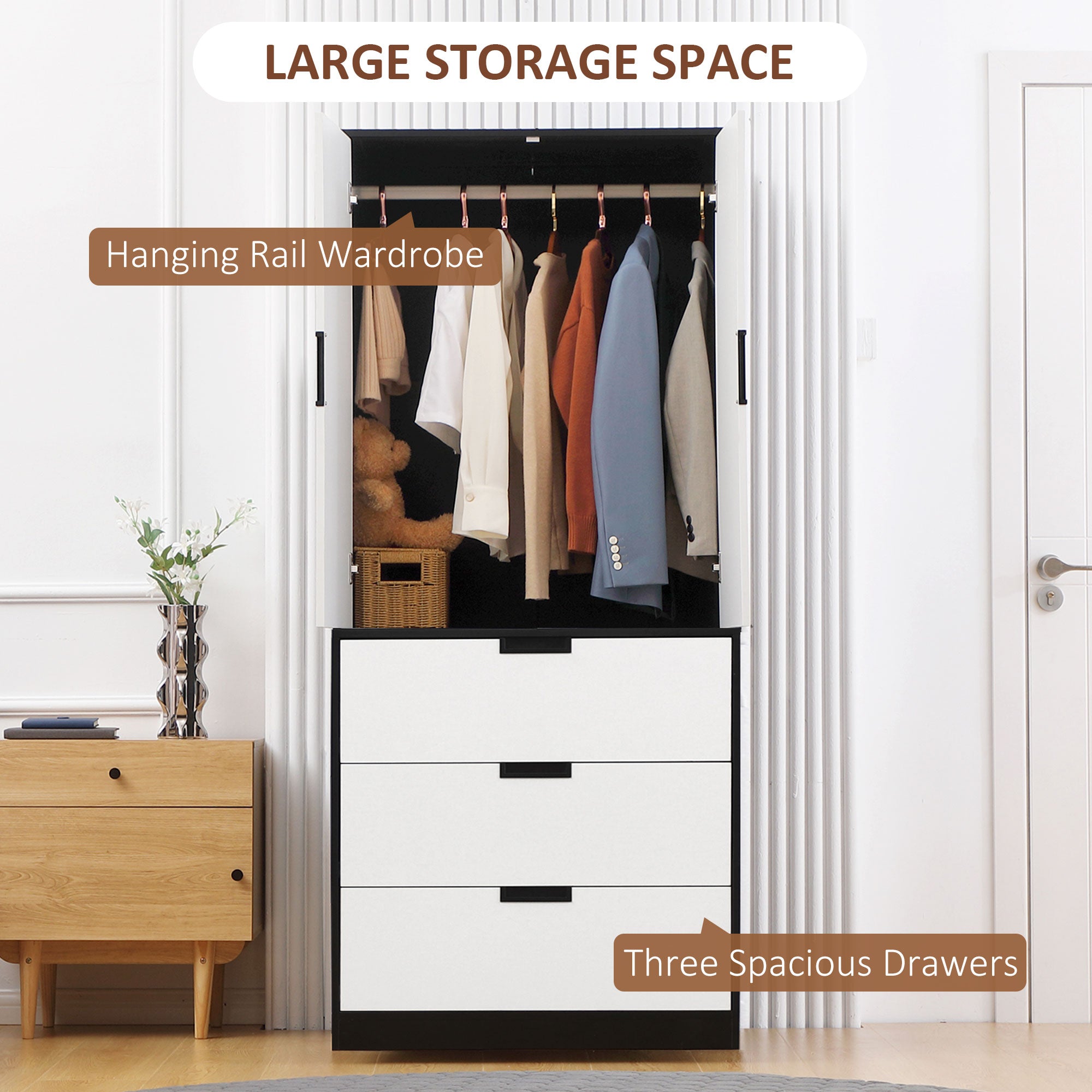 HOMCOM 2 Door Wardrobe, Modern Wardrobe with 3 Drawers and Hanging Rod for Bedroom, Black - North Peak Garden Furniture