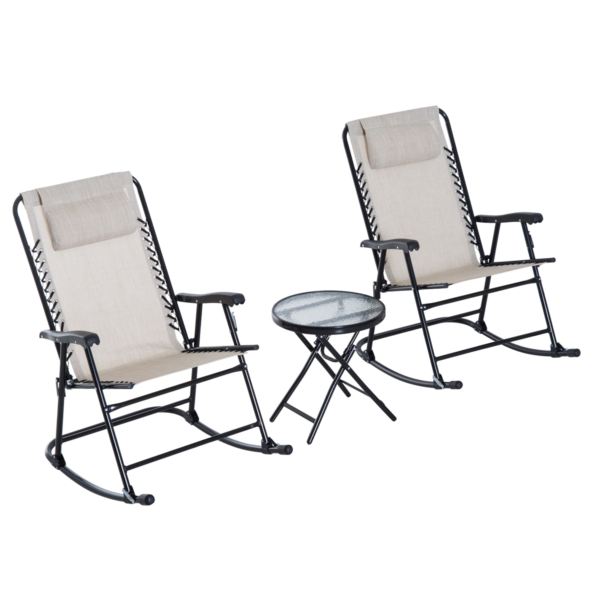 Outsunny 3 Piece Outdoor Rocking Set with 2 Folding Chairs and 1 Tempered Glass Table, Patio Bistro Set for Garden, Deck, Beige - North Peak Garden Furniture