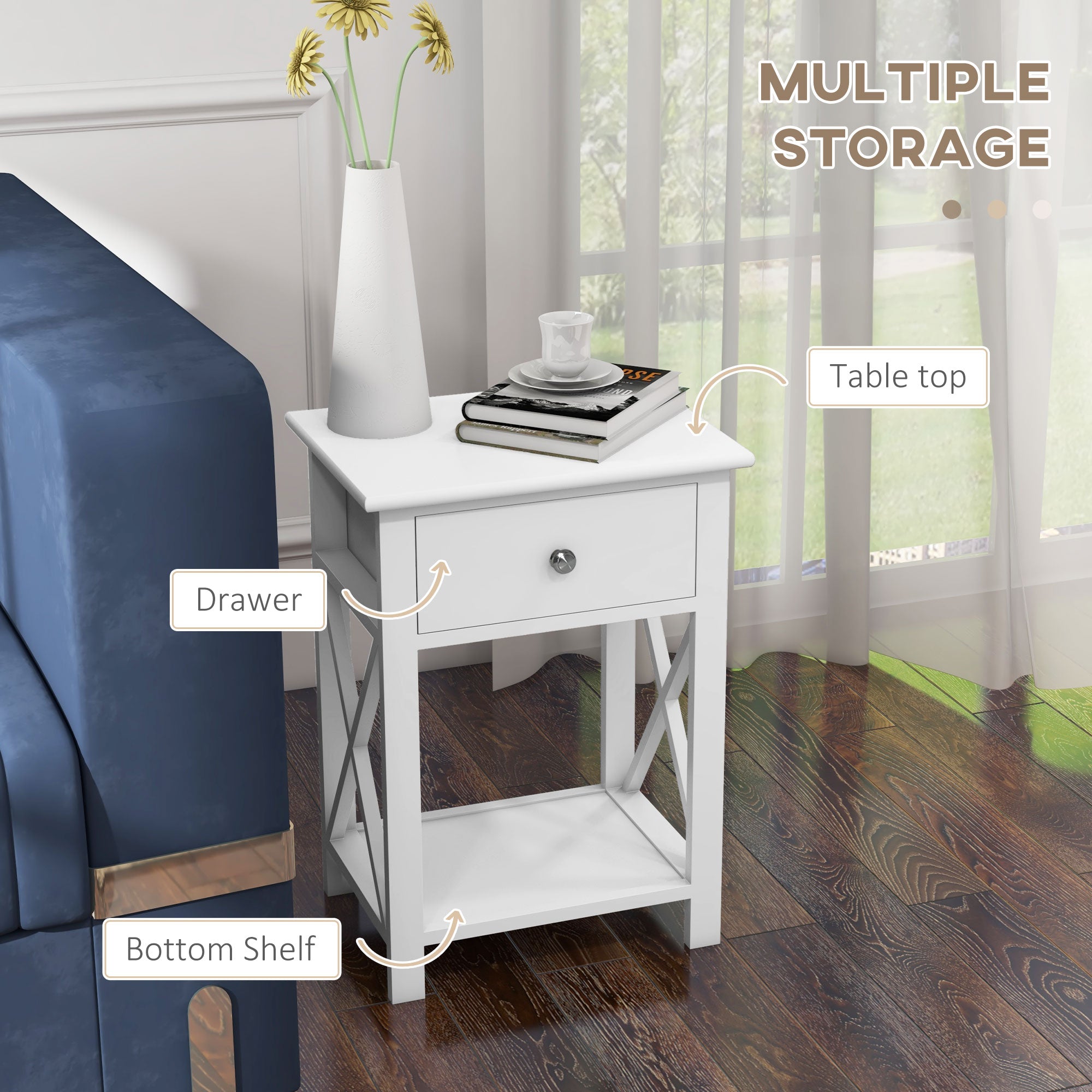 HOMCOM End Table, Sofa Side Table with Drawer X Bar Bottom Storage Shelf, Nightstand Bedside Table for Bedroom or Living Room White - North Peak Garden Furniture