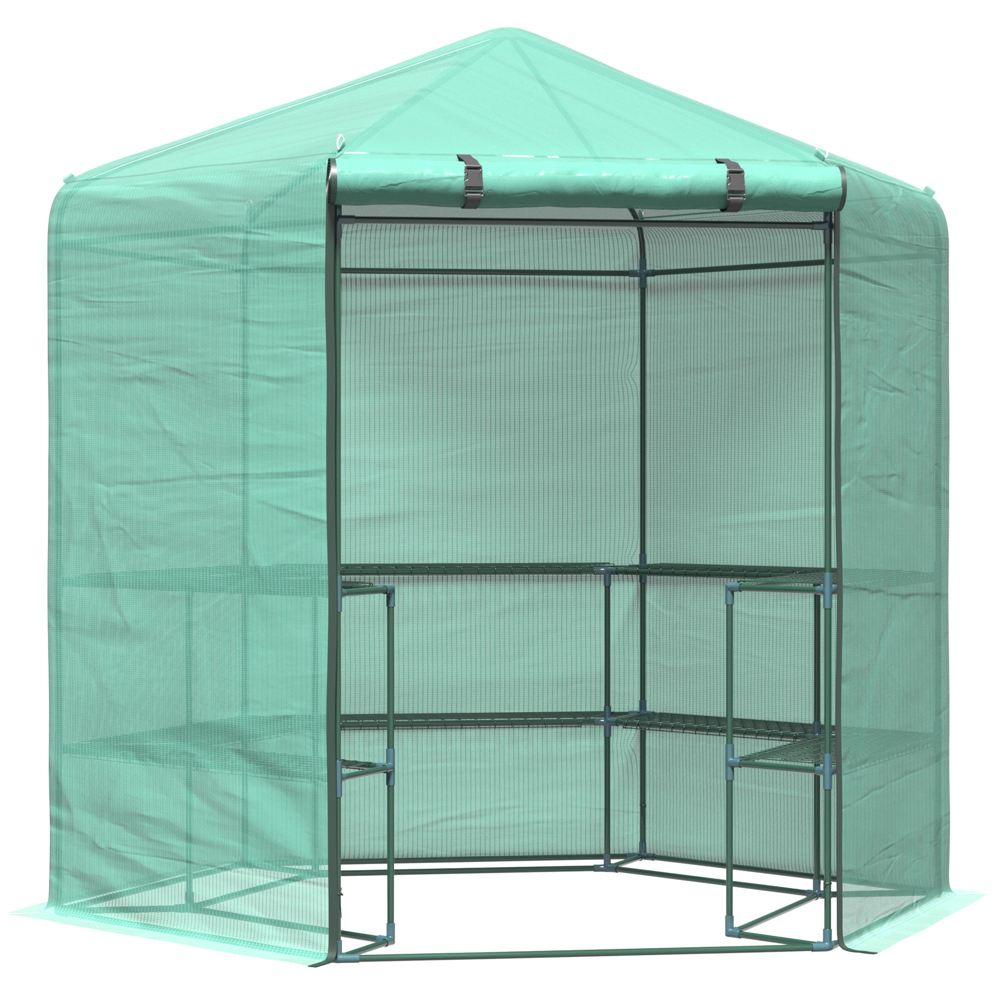 Outsunny  Hexagon Walk In Garden Greenhouse PE Planter Flower Growth with Zipped Door 225 x 194 x 215H cm