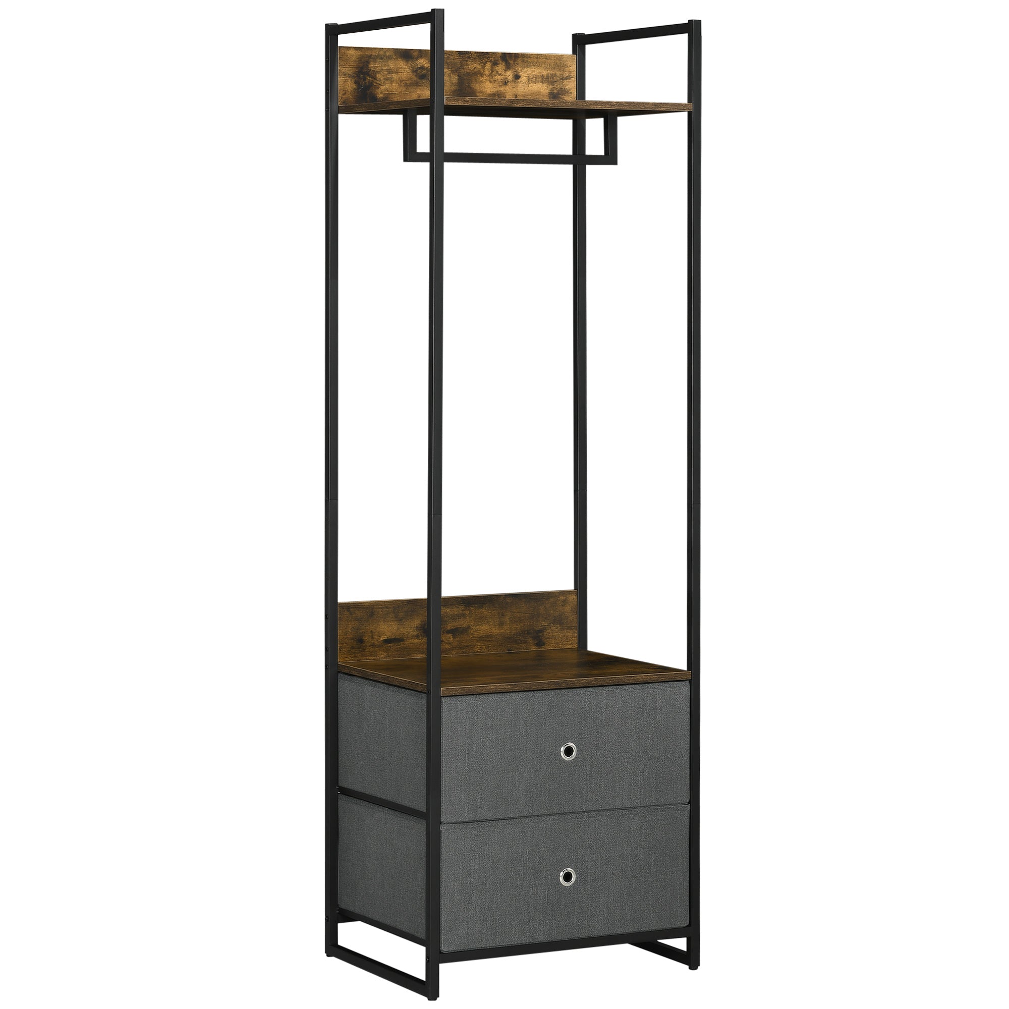 HOMCOM Clothes Rail, Metal Coat Stand, Garment Rack with 2 Fabric Storage Drawers, Single Wardrobe for Bedroom, Hallway, Rustic Brown and Grey - North Peak Garden Furniture
