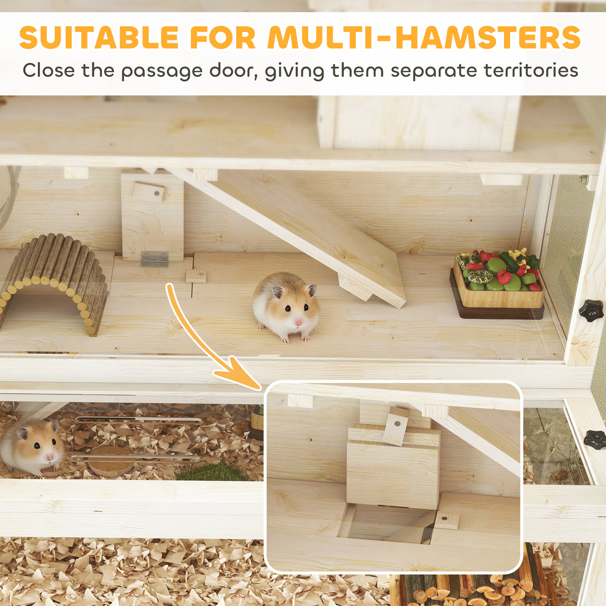 PawHut Wooden Hamster Cage with Hut, Wheel, Ramps, Removable Viewing Panels, 100 x 50 x 84 cm, Natural Wood