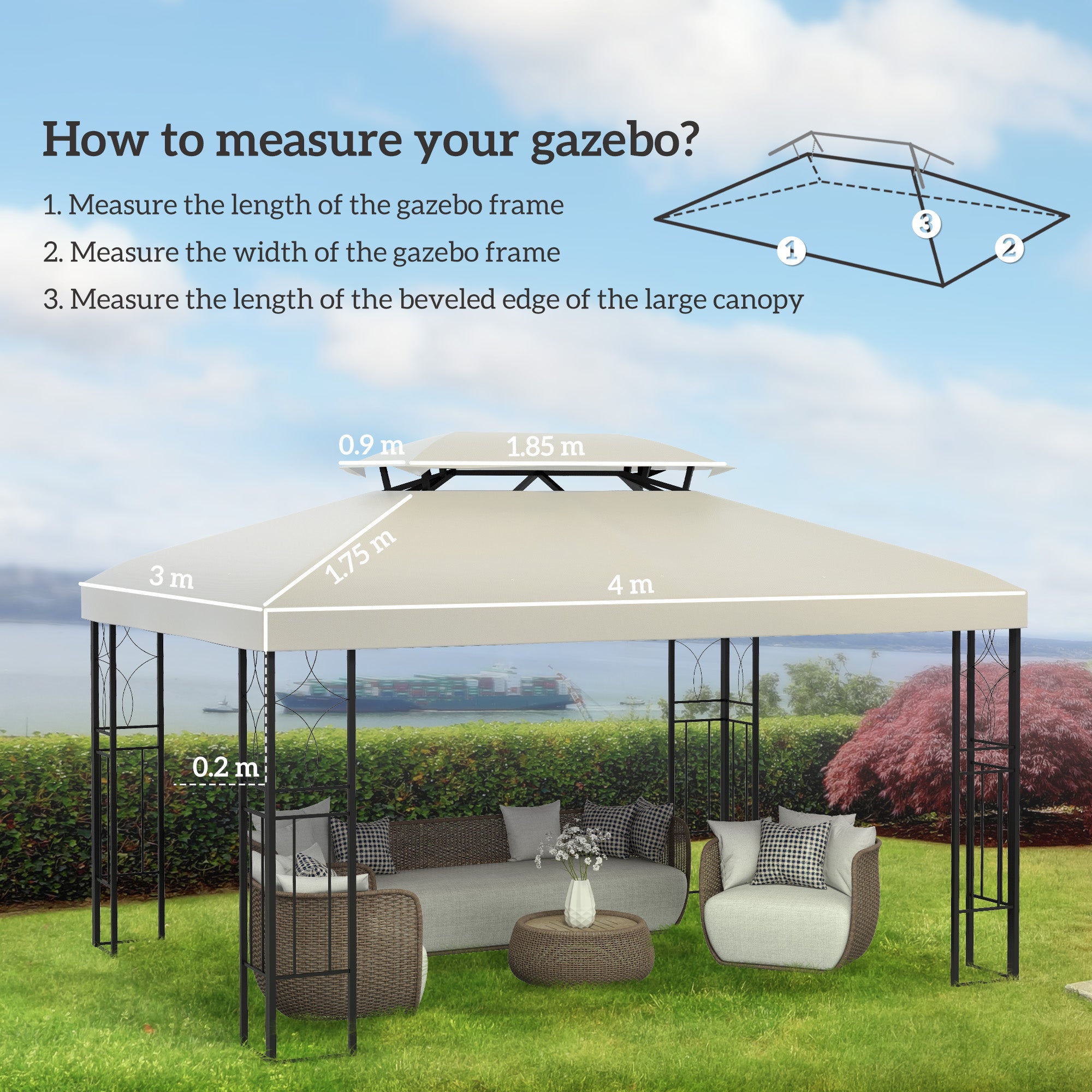 Outsunny 3x4m Gazebo Replacement Roof Canopy 2 Tier Top UV Cover Garden Patio Outdoor Sun Awning Shelters Cream (TOP COVER ONLY) - North Peak Garden Furniture