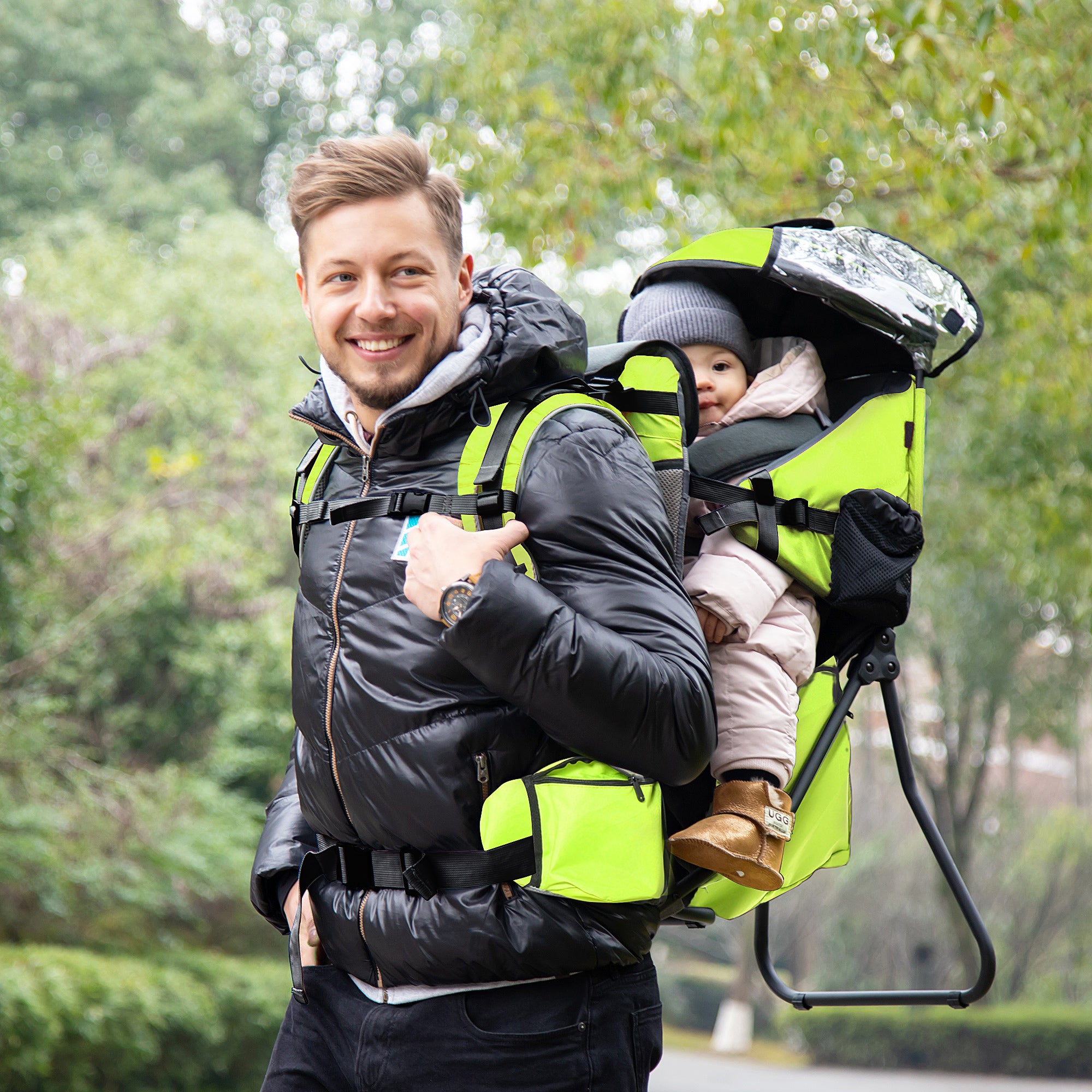 HOMCOM Baby Hiking Backpack Carrier Child Carrier with Ergonomic Hip Seat Detachable Rain Cover Adjustable Straps Stand for Toddler 6 - 36 Months Green - North Peak Garden Furniture