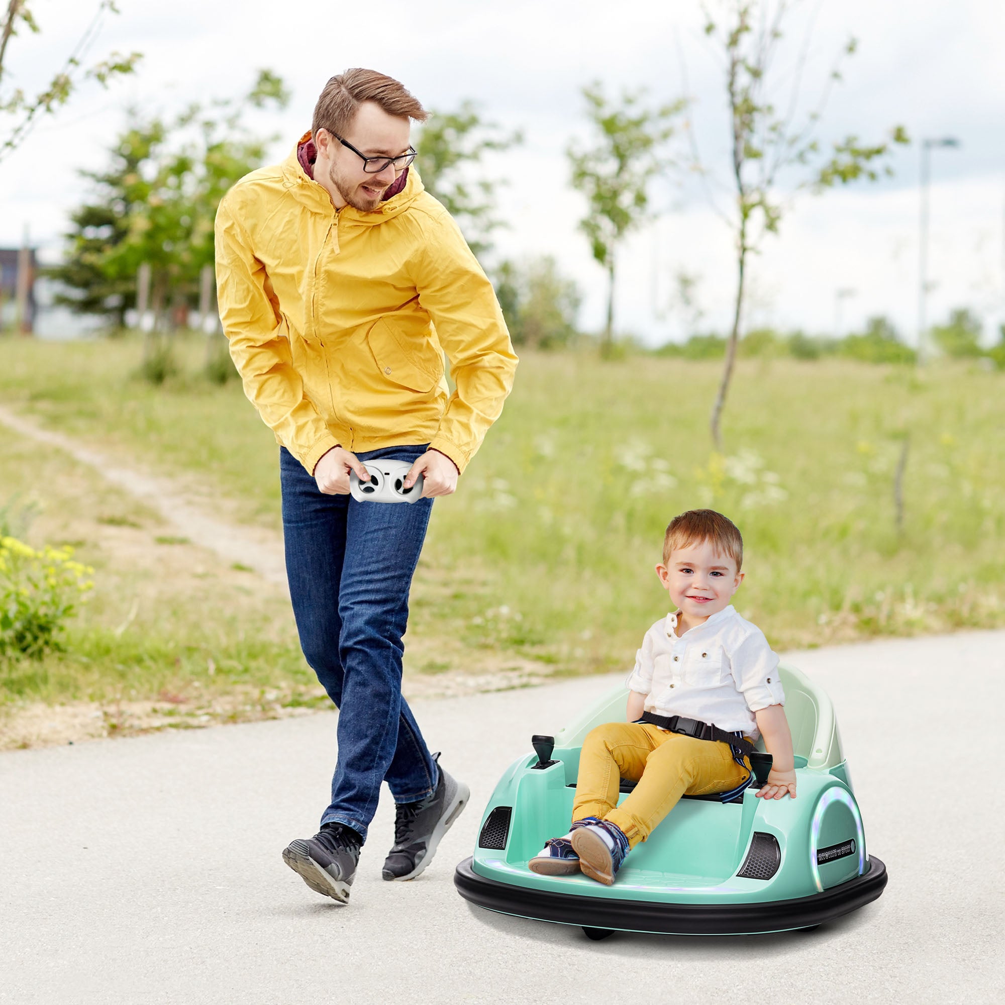 AIYAPLAY 360° Rotation Kids Bumper Car, 12V Waltz Car with Remote Control, Dual Joystick, Music, Lights, Green - North Peak Garden Furniture
