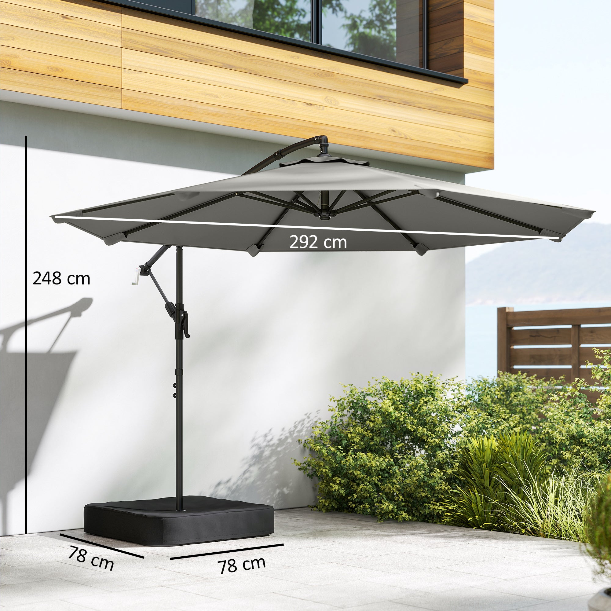 Outsunny 3 m Garden Cantilever Parasol with Cross Base, Sandbag, 360° Rotating Overhanging Banana Umbrella, Grey